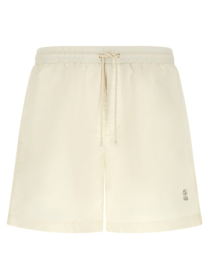Swim Shorts by Brunello Cucinelli for men in polyester cream & white features a magnificent design, channeling the luxury vibe of Men's Polyester Swim Shorts.