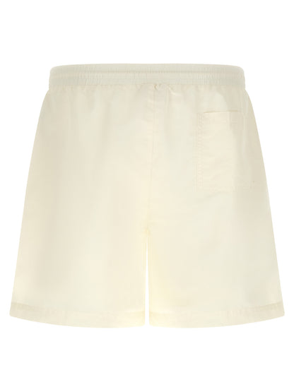 Swim Shorts by Brunello Cucinelli for men in polyester cream & white features a beach chic silhouette, showcasing the signature style of the Men's Polyester Swim Shorts.