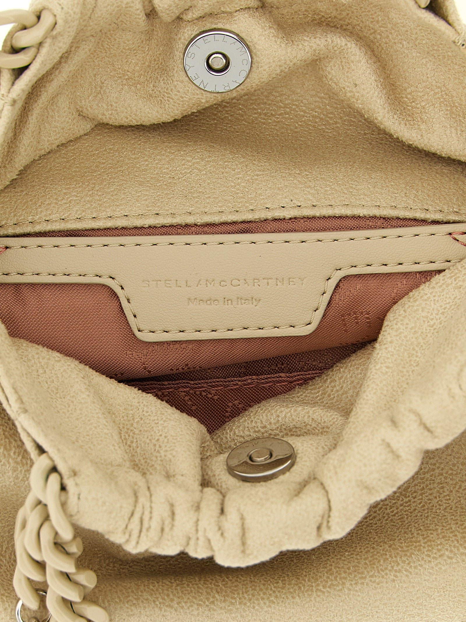Mini Shoulder Drawstring Bag by Stella McCartney for women in polyester suede leather beige & jacquard presents a versatile silhouette, showcasing a secure drawstring & magnetic and versatile with versatile shoulder-strap for a sophisticated look.