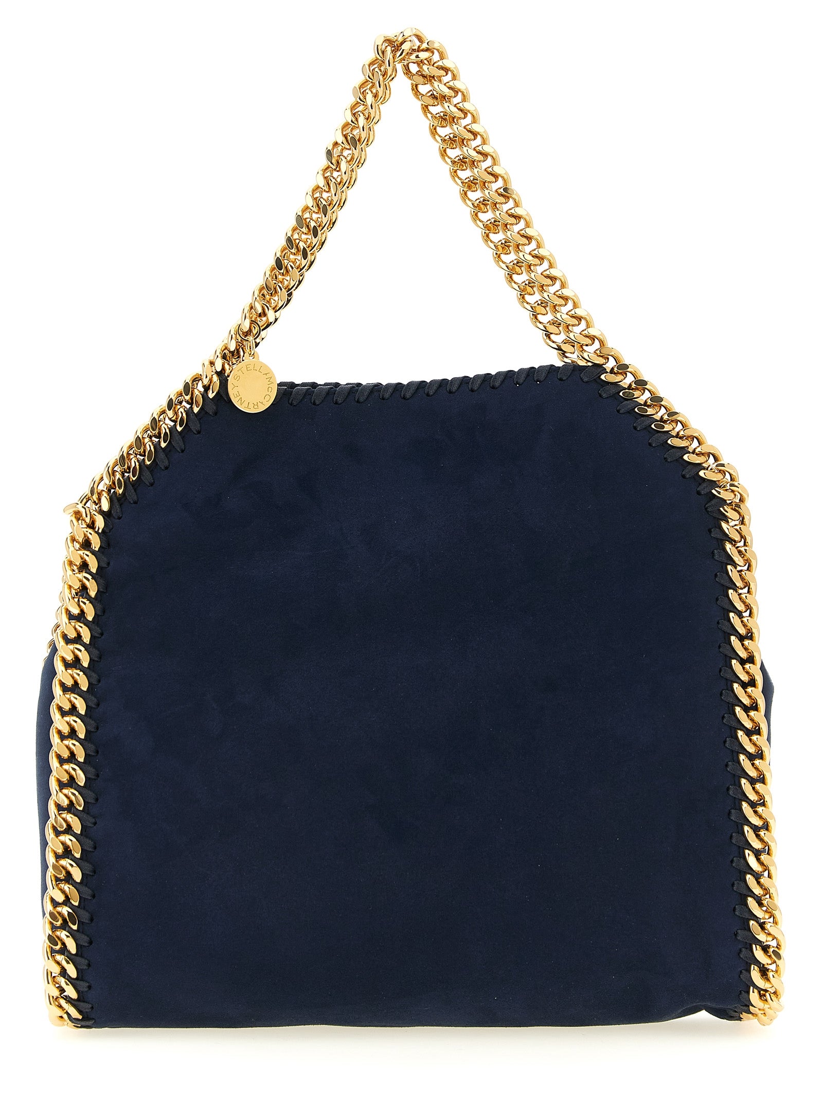 Mini Crossbody Handbag by Stella McCartney for women in polyamide suede leather blue, gold & jacquard features an multi-faceted design with a secure magnetic, ample , and versatile crossbody-strap, shoulder-strap & handle for a multi-faceted finish.