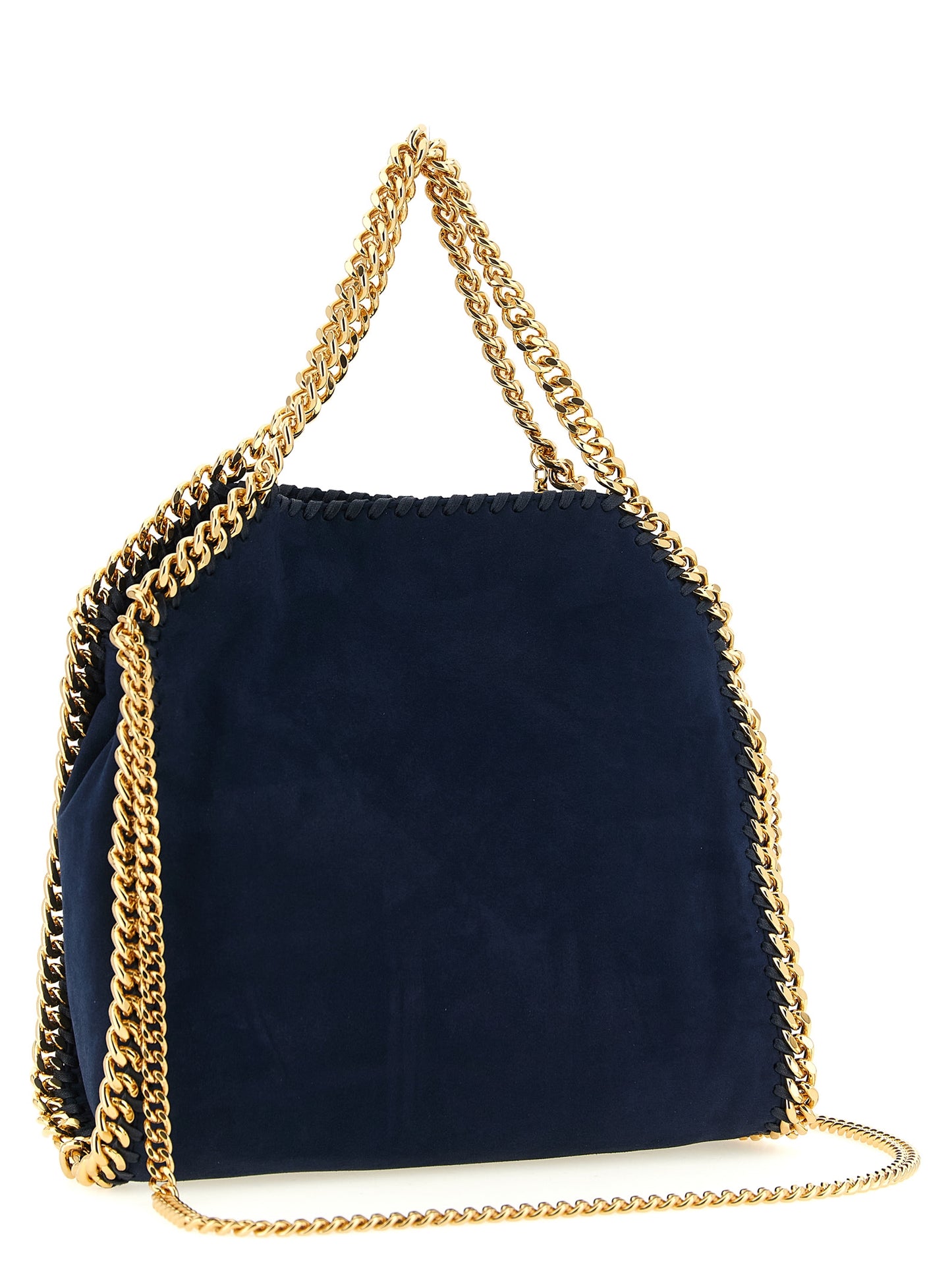 Mini Crossbody Handbag by Stella McCartney for women in polyamide suede leather blue, gold & jacquard features a transformative sophistication silhouette, showcasing a secure magnetic, ample , and versatile crossbody-strap, shoulder-strap & handle for a transformative sophistication look.