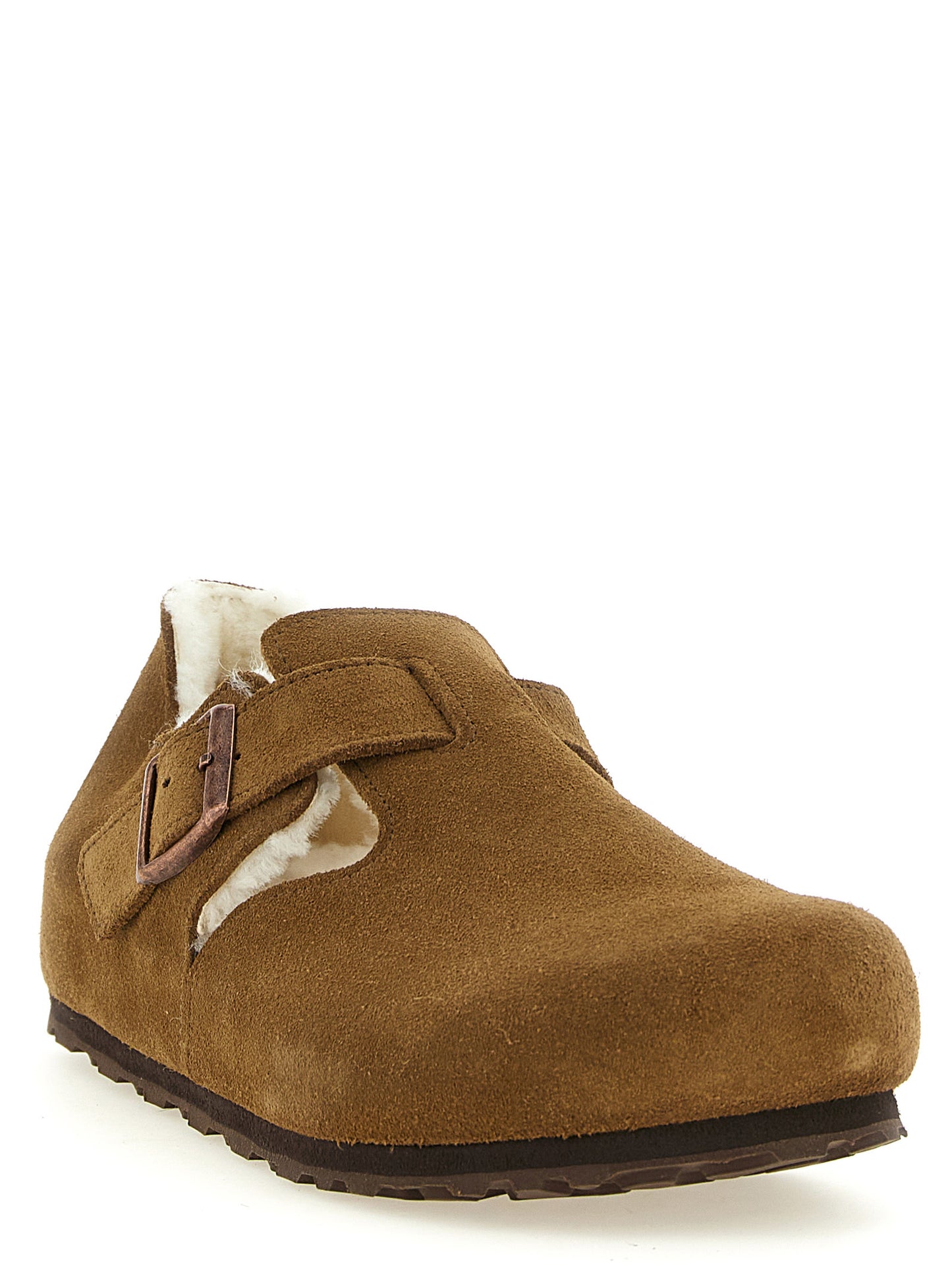 Clogs Flat Shoes by Birkenstock for women in eva suede leather latex & cork brown, copper & white showcases a dynamic silhouette, artfully capturing Women's EVA Suede Leather Latex & Cork Clogs Flat Shoes through its distinctive and elegant .