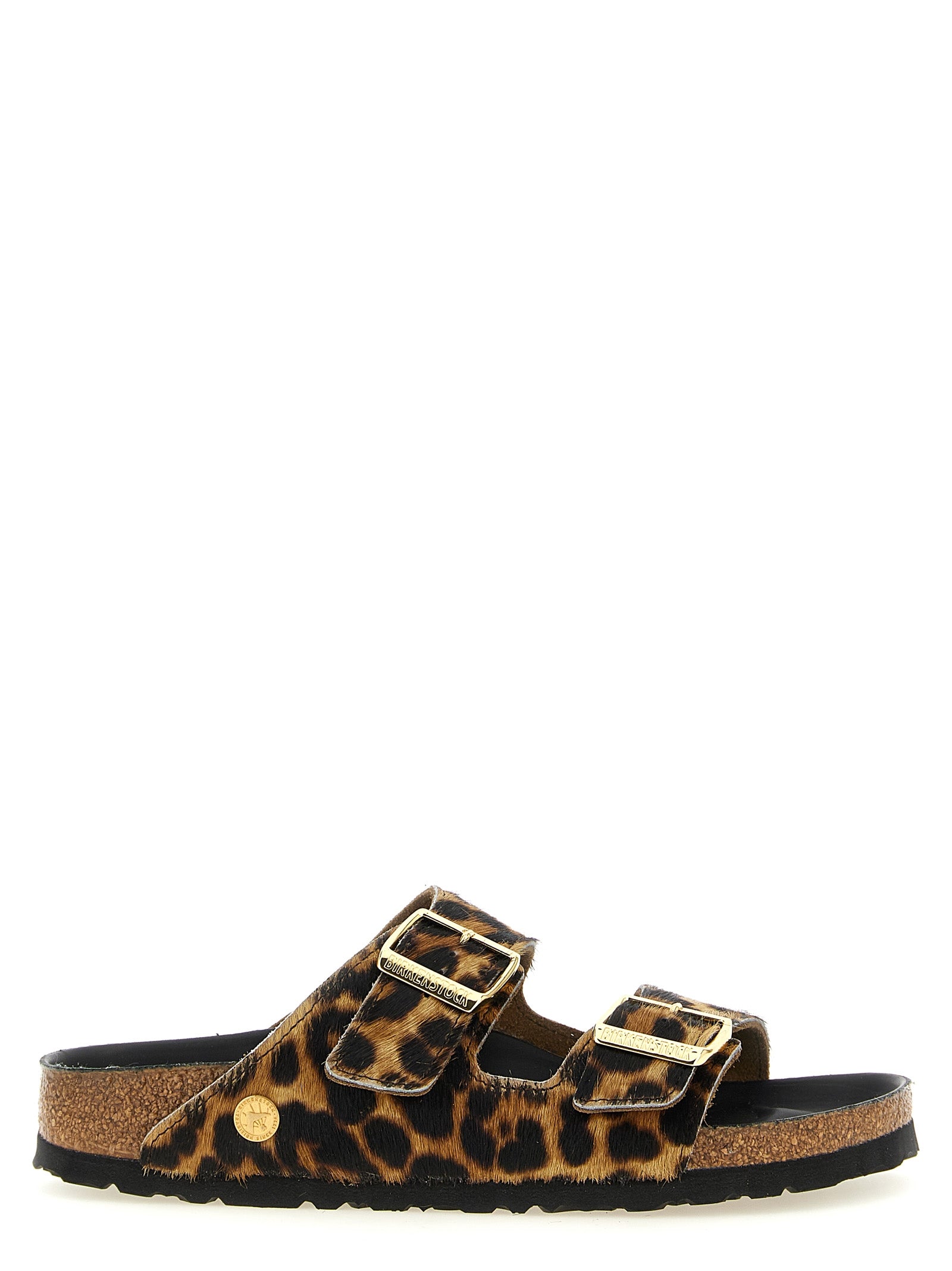 Sliders Sandals Flat Shoes by Birkenstock for women in eva latex & calfskin leather animal, brown, gold, leopard-print & print showcases a resplendent Icon Pony Women's EVA Latex & Calfskin Leather Sliders Sandals Flat Shoes aesthetic with a and .