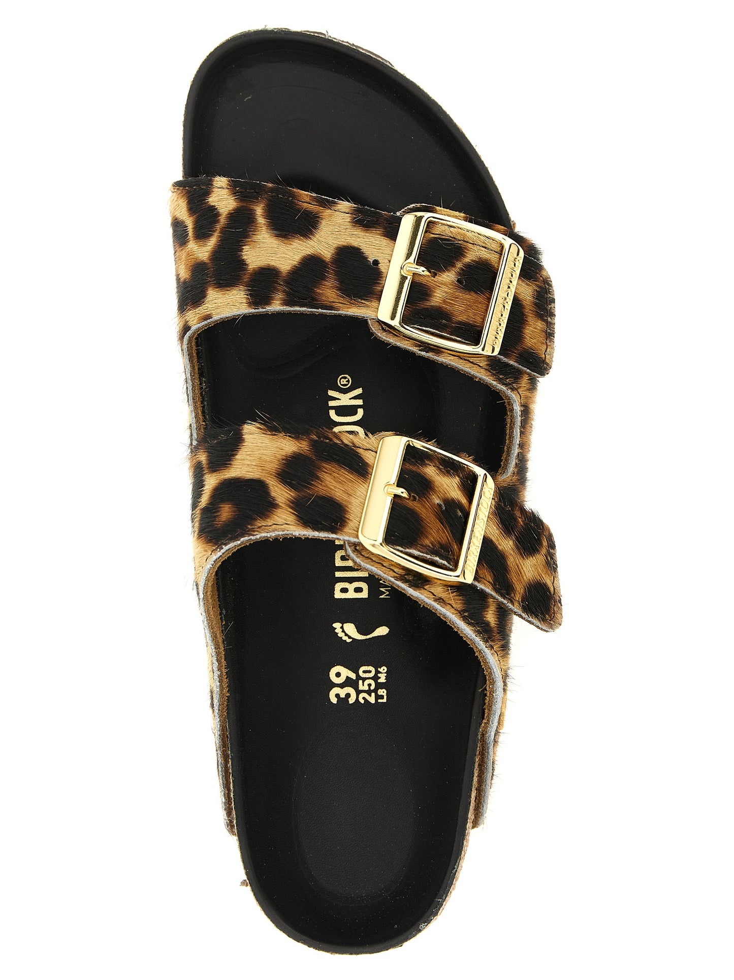Sliders Sandals Flat Shoes by Birkenstock for women in eva latex & calfskin leather animal, brown, gold, leopard-print & print presents a effortless chic silhouette, showcasing the Icon Pony Women's EVA Latex & Calfskin Leather Sliders Sandals Flat Shoes design with a effortless chic and for a sophisticated look.