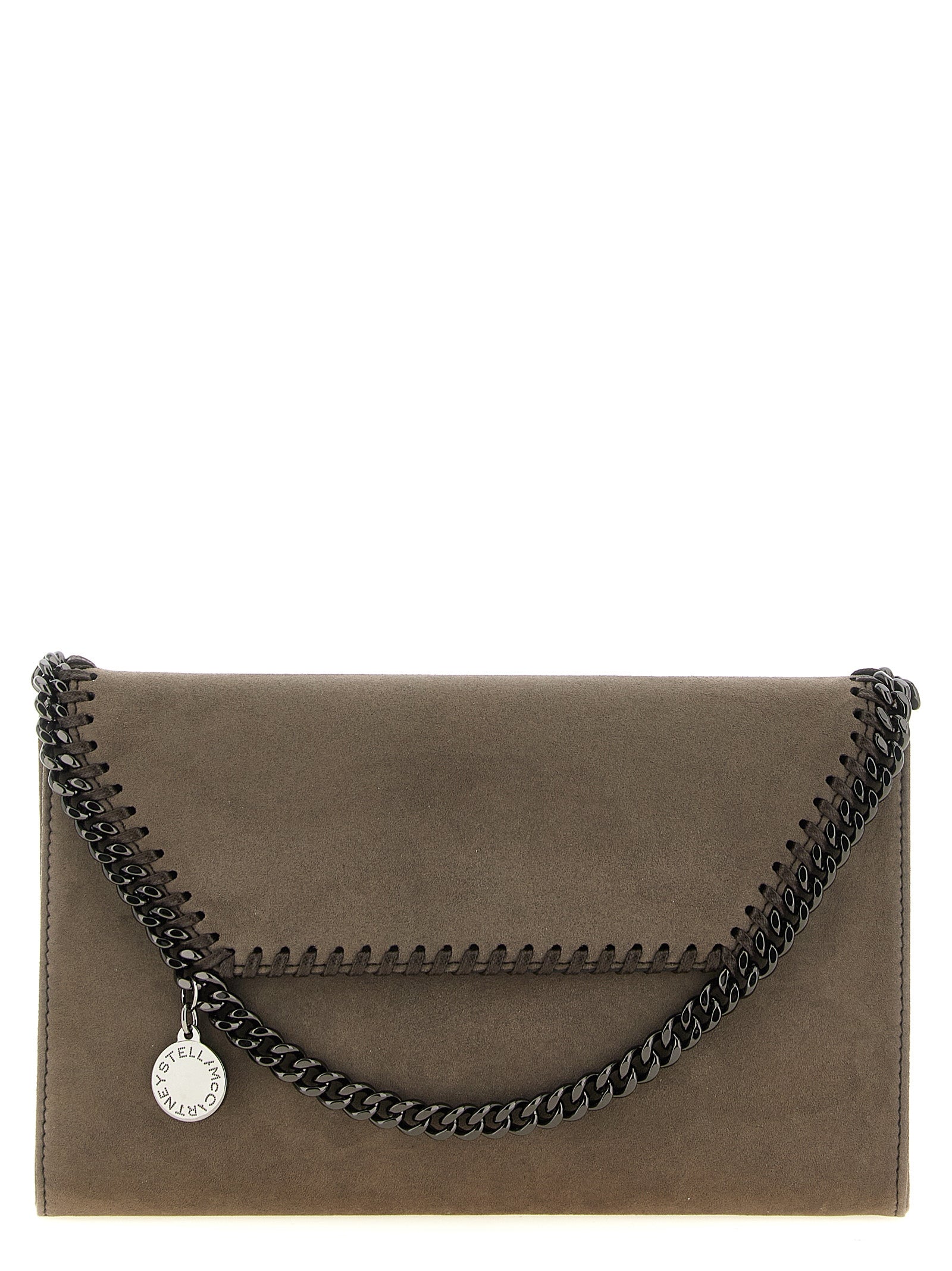 Crossbody Pouch Handbag by Stella McCartney for women in polyamide suede leather gray & patterned showcases a versatile sophistication silhouette, featuring a secure flap, magnetic & button, versatile sophistication , and versatile crossbody-strap & shoulder-strap for a versatile sophistication finish.