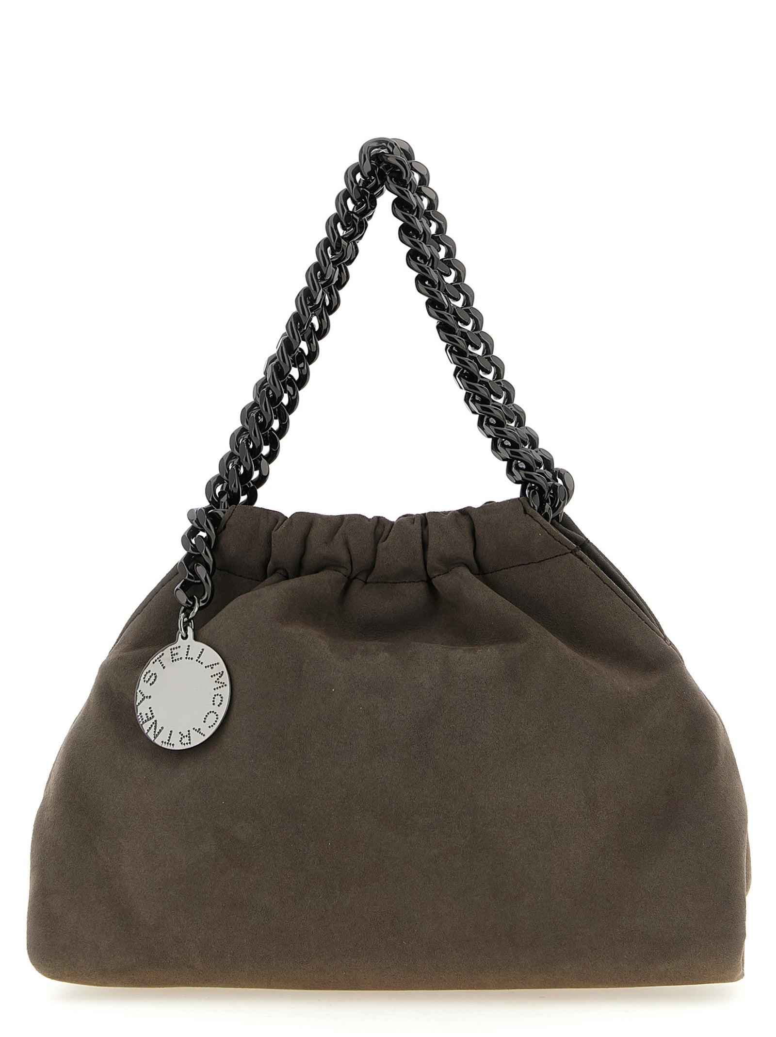 Mini Crossbody Drawstring Handbag by Stella McCartney for women in polyamide suede leather dark-ruthenium, gray, patterned & jacquard features a versatile chic silhouette, meticulously detailed with a secure drawstring & magnetic, ample , and versatile crossbody-strap & shoulder-strap.