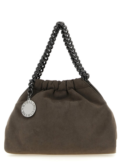 Mini Crossbody Drawstring Handbag by Stella McCartney for women in polyamide suede leather dark-ruthenium, gray, patterned & jacquard features a versatile chic silhouette, meticulously detailed with a secure drawstring & magnetic, ample , and versatile crossbody-strap & shoulder-strap.