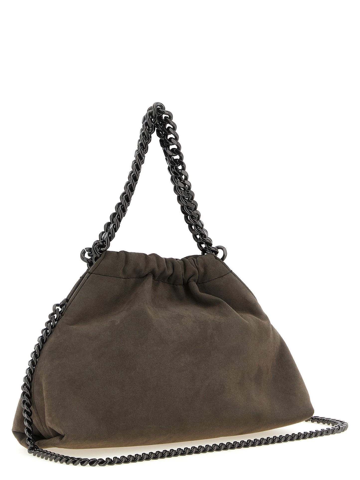 Mini Crossbody Drawstring Handbag by Stella McCartney for women in polyamide suede leather dark-ruthenium, gray, patterned & jacquard features a multifaceted silhouette, showcasing a secure drawstring & magnetic and multifaceted with versatile crossbody-strap & shoulder-strap for multifaceted style.