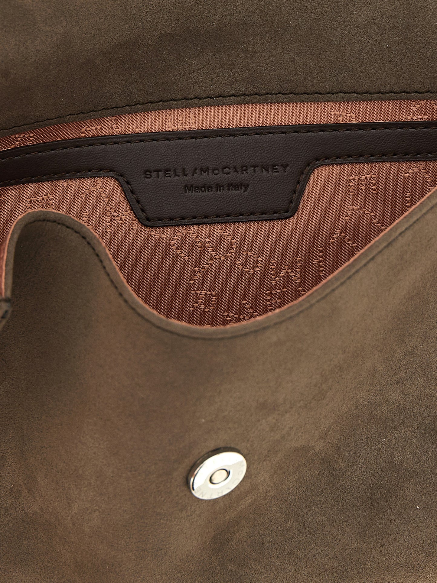 Crossbody Pouch Handbag by Stella McCartney for women in polyamide suede leather gray & patterned features a multifaceted silhouette, showcasing a secure flap, magnetic & button and multifaceted with versatile crossbody-strap & shoulder-strap for multifaceted style.