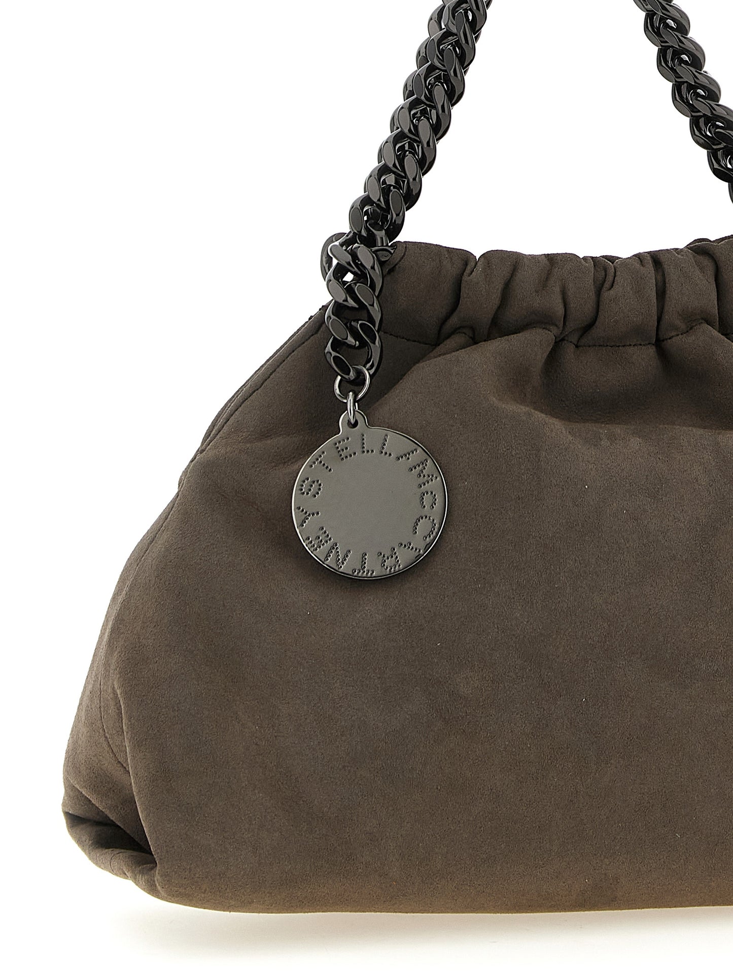 Mini Crossbody Drawstring Handbag by Stella McCartney for women in polyamide suede leather dark-ruthenium, gray, patterned & jacquard features a transformative sophistication silhouette, showcasing a secure drawstring & magnetic, ample , and versatile crossbody-strap & shoulder-strap for a transformative sophistication look.