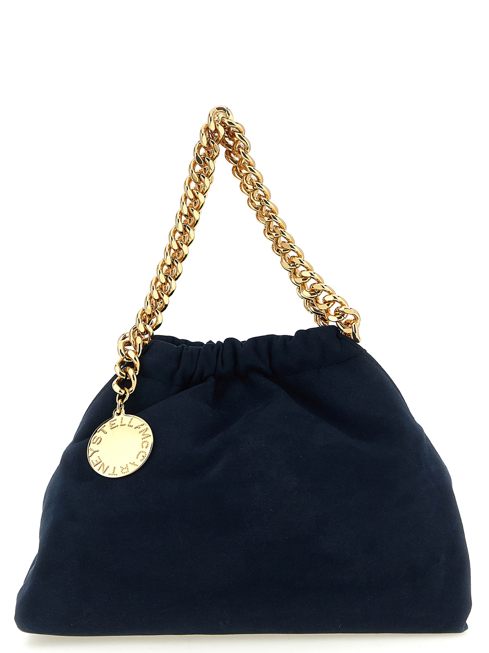 Mini Crossbody Drawstring Handbag by Stella McCartney for women in polyamide suede leather & mesh blue, gold, patterned, signature & monogram features a multifaceted silhouette, showcasing a secure drawstring & magnetic and multifaceted with versatile crossbody-strap, shoulder-strap & handle for multifaceted style.