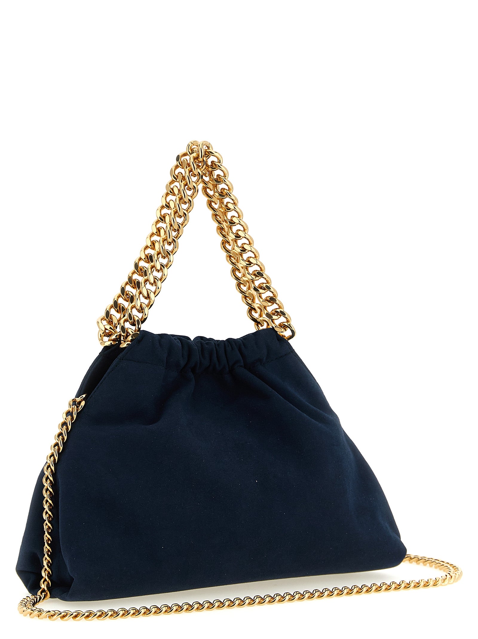 Mini Crossbody Drawstring Handbag by Stella McCartney for women in polyamide suede leather & mesh blue, gold, patterned, signature & monogram features an multi-faceted design with a secure drawstring & magnetic, ample , and versatile crossbody-strap, shoulder-strap & handle for a multi-faceted finish.