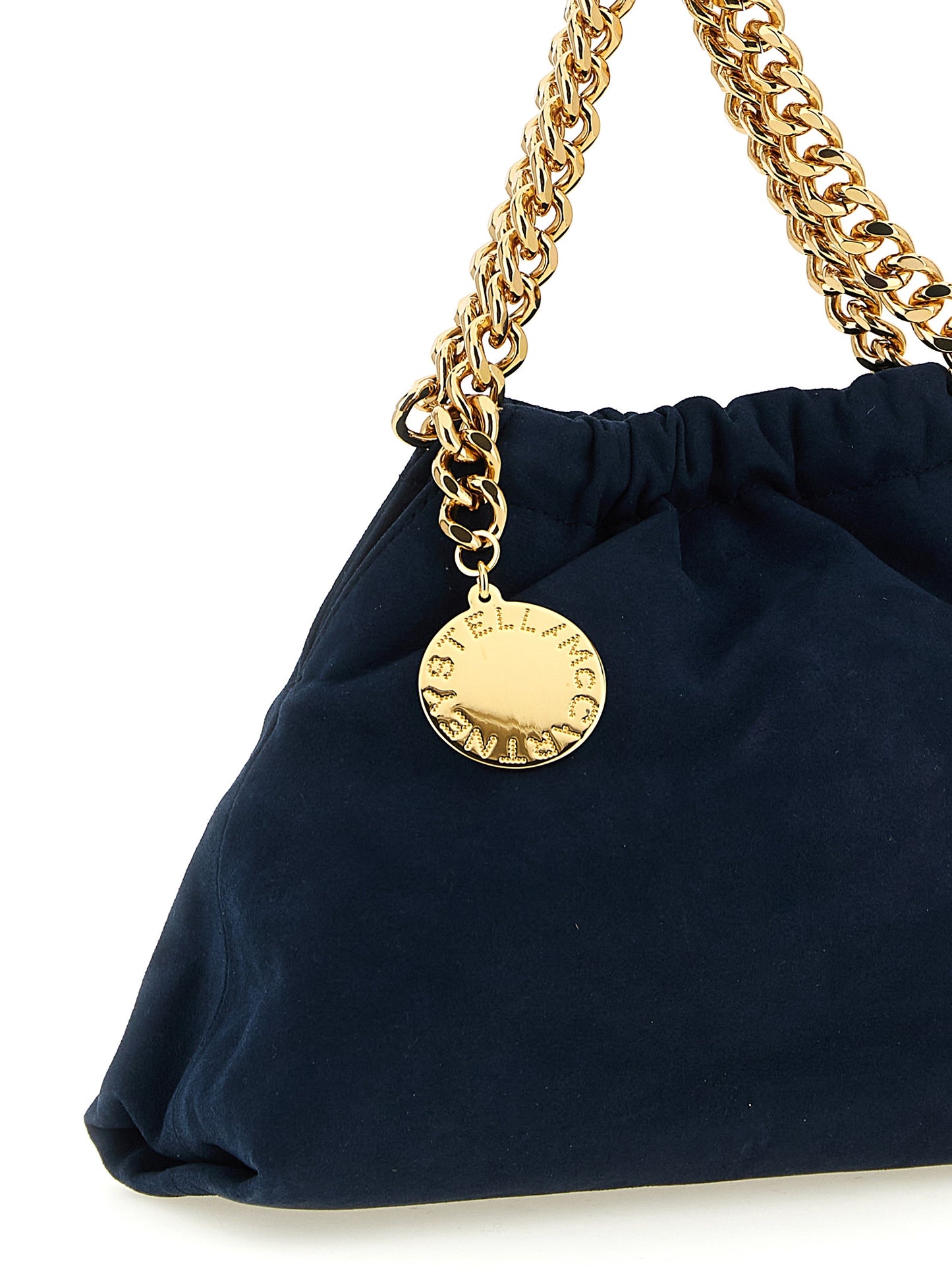 Mini Crossbody Drawstring Handbag by Stella McCartney for women in polyamide suede leather & mesh blue, gold, patterned, signature & monogram features a transformative sophistication silhouette, showcasing a secure drawstring & magnetic, ample , and versatile crossbody-strap, shoulder-strap & handle for a transformative sophistication look.