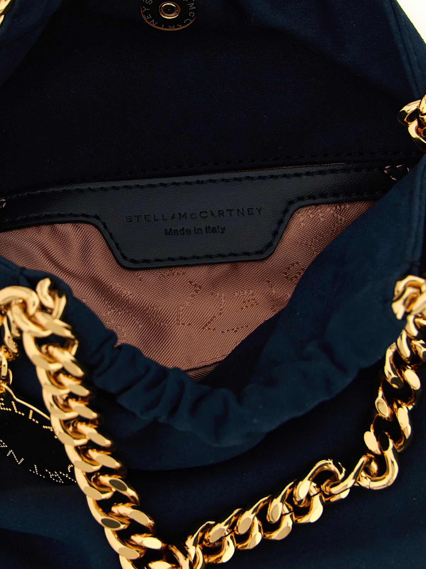 Mini Crossbody Drawstring Handbag by Stella McCartney for women in polyamide suede leather & mesh blue, gold, patterned, signature & monogram showcases a versatile sophistication silhouette, featuring a secure drawstring & magnetic, versatile sophistication , and versatile crossbody-strap, shoulder-strap & handle for a versatile sophistication finish.