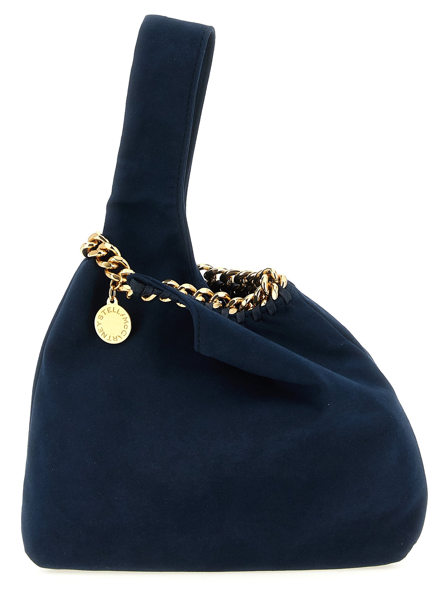 This Pouch Handbag by Stella McCartney for women in polyamide suede leather and gold & navy presents a sculptural silhouette featuring a secure , ample , and versatile wristlet & handle for a sculptural finish.