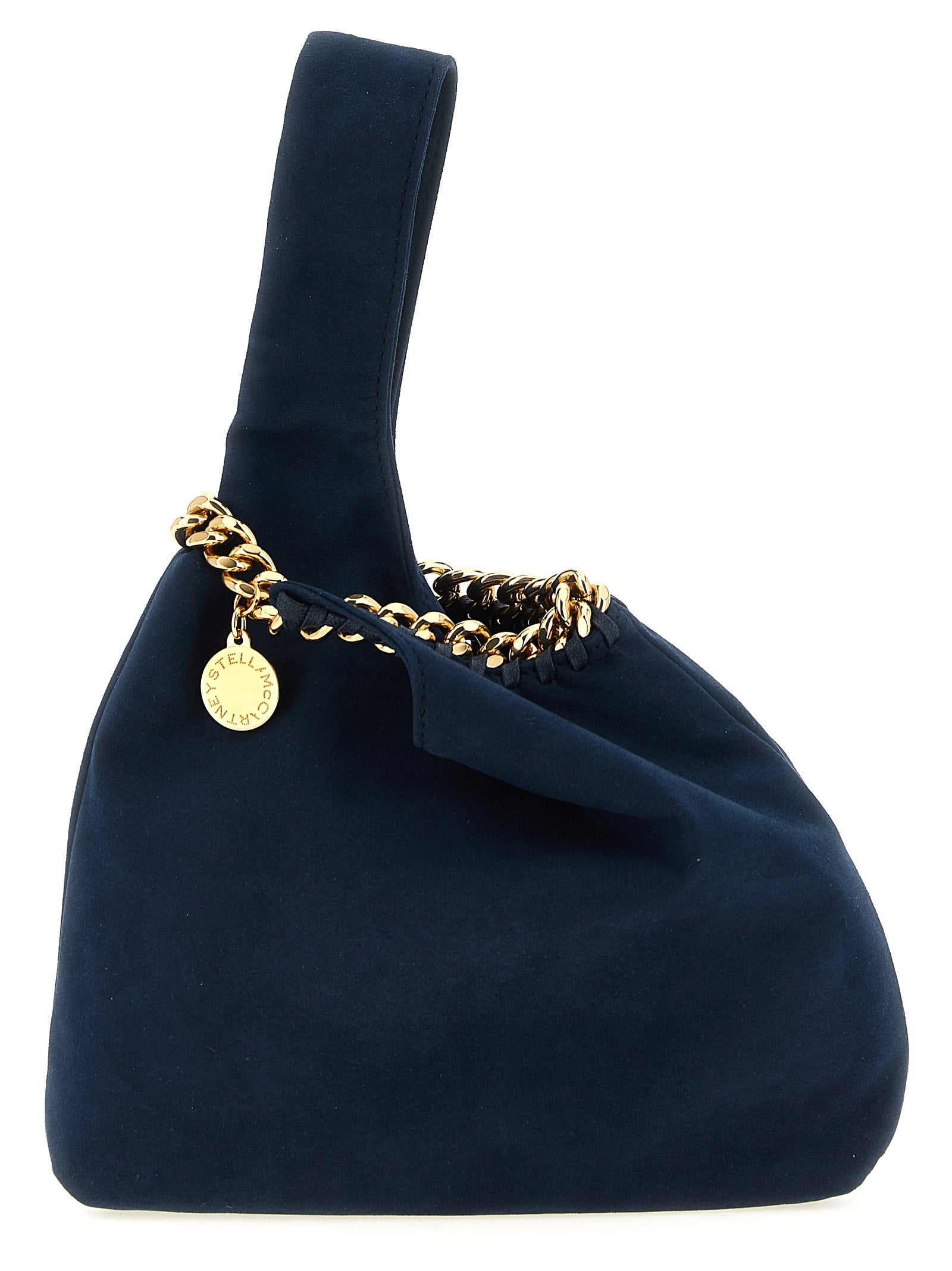 This Pouch Handbag by Stella McCartney for women in polyamide suede leather and gold & navy presents a sculptural silhouette featuring a secure , ample , and versatile wristlet & handle for a sculptural finish.