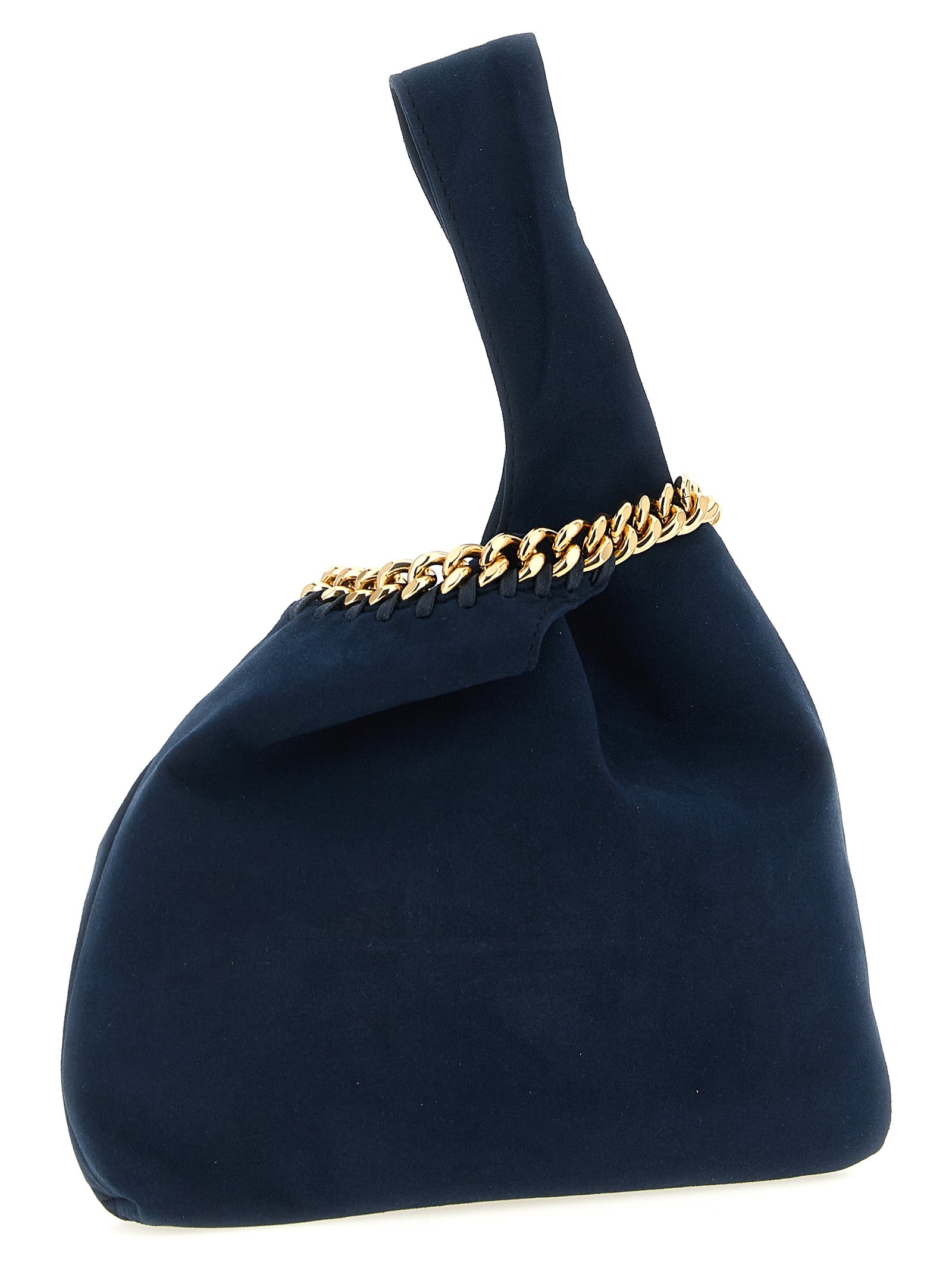 Pouch Handbag by Stella McCartney for women in polyamide suede leather gold & navy features a contemporary silhouette, showcasing a secure , ample , and contemporary wristlet & handle for a sophisticated look.