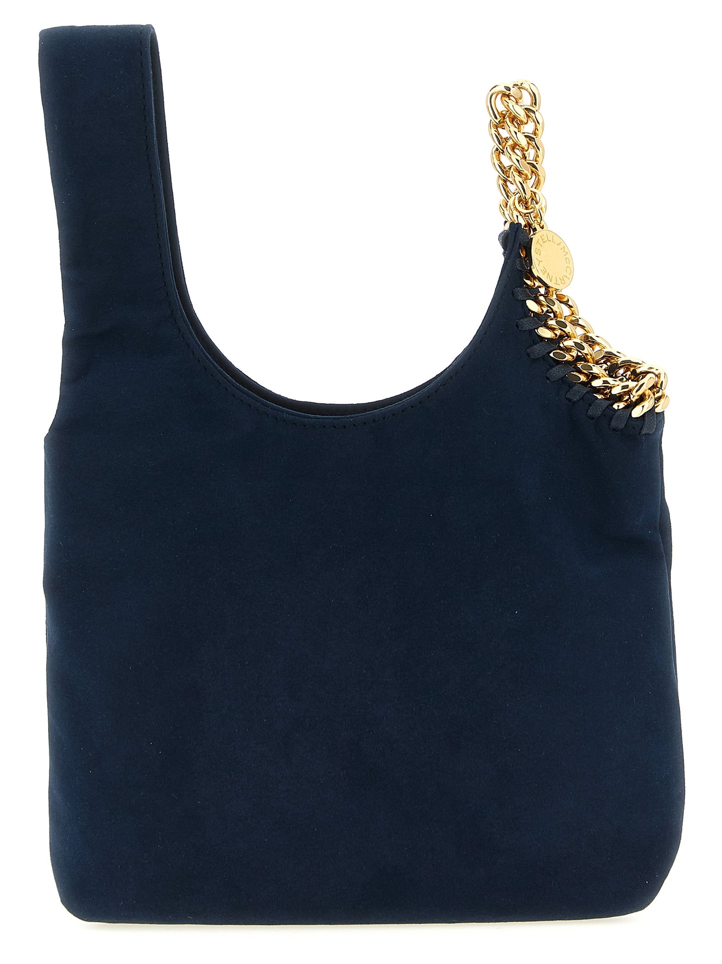 Pouch Handbag by Stella McCartney for women in polyamide suede leather gold & navy features an refined silhouette, showcasing a secure , ample , and versatile wristlet & handle for a sophisticated refined aesthetic.