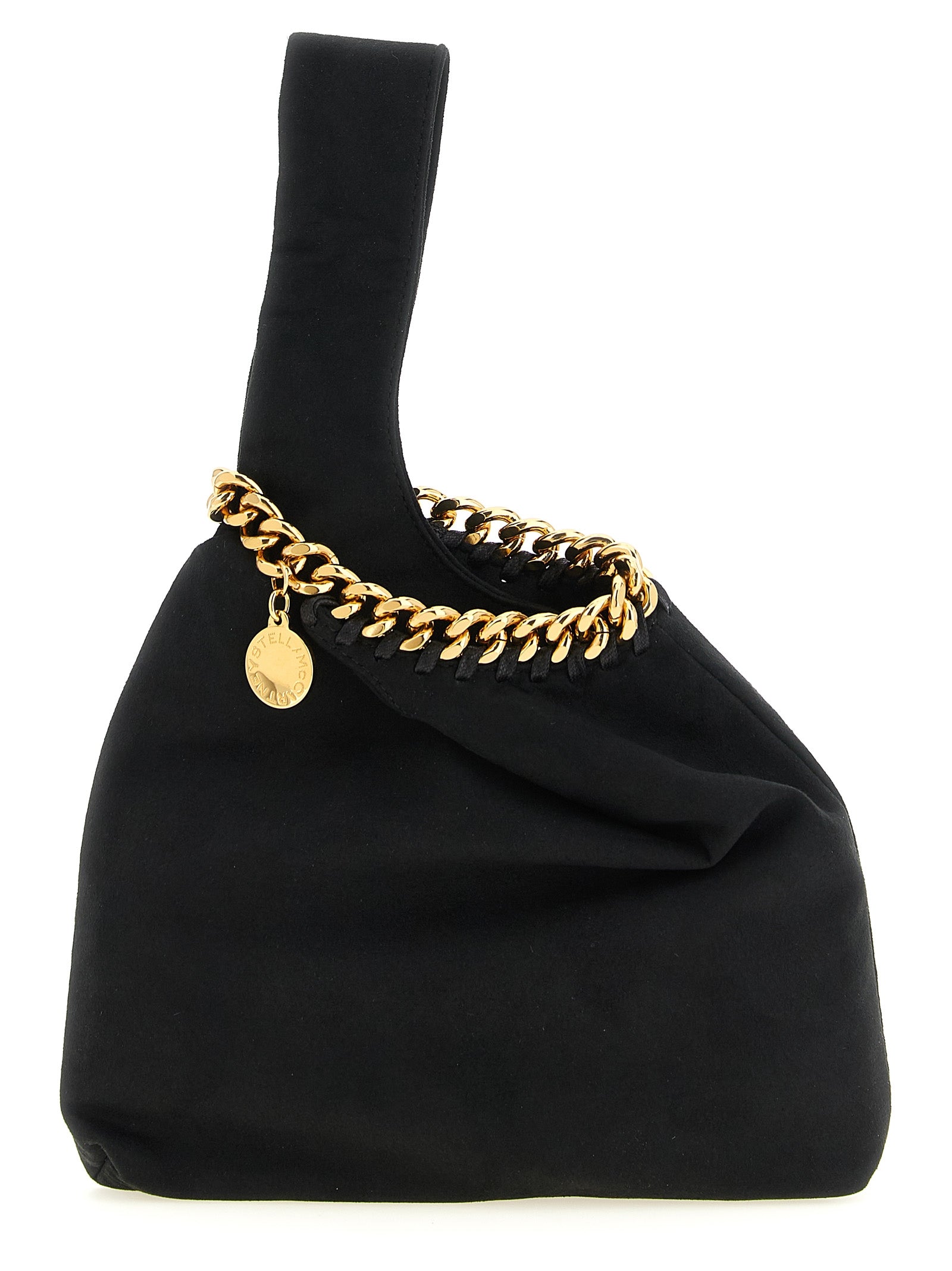 Evening Tote Handbag by Stella McCartney for women in polyamide suede leather black & gold presents a ornamental silhouette, showcasing a secure , ample , and versatile wristlet for a ornamental finish.