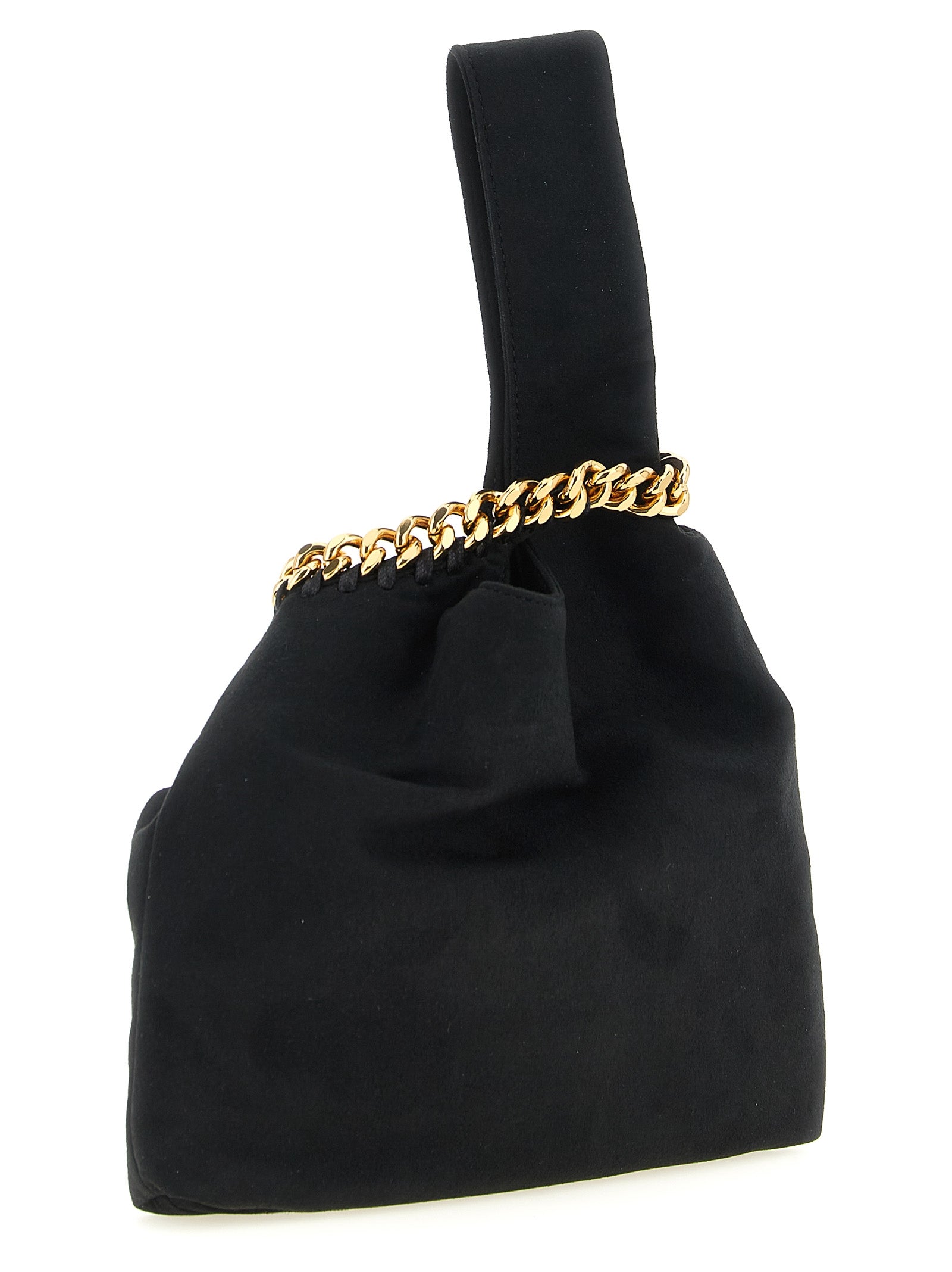 This Evening Tote Handbag by Stella McCartney for women in polyamide suede leather and black & gold presents a sculptural silhouette featuring a secure , ample , and versatile wristlet for a sculptural finish.