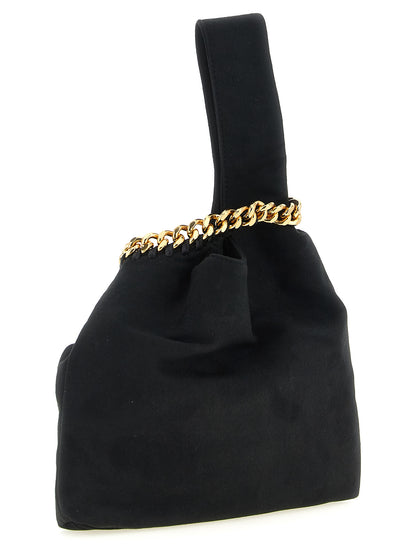 This Evening Tote Handbag by Stella McCartney for women in polyamide suede leather and black & gold presents a sculptural silhouette featuring a secure , ample , and versatile wristlet for a sculptural finish.