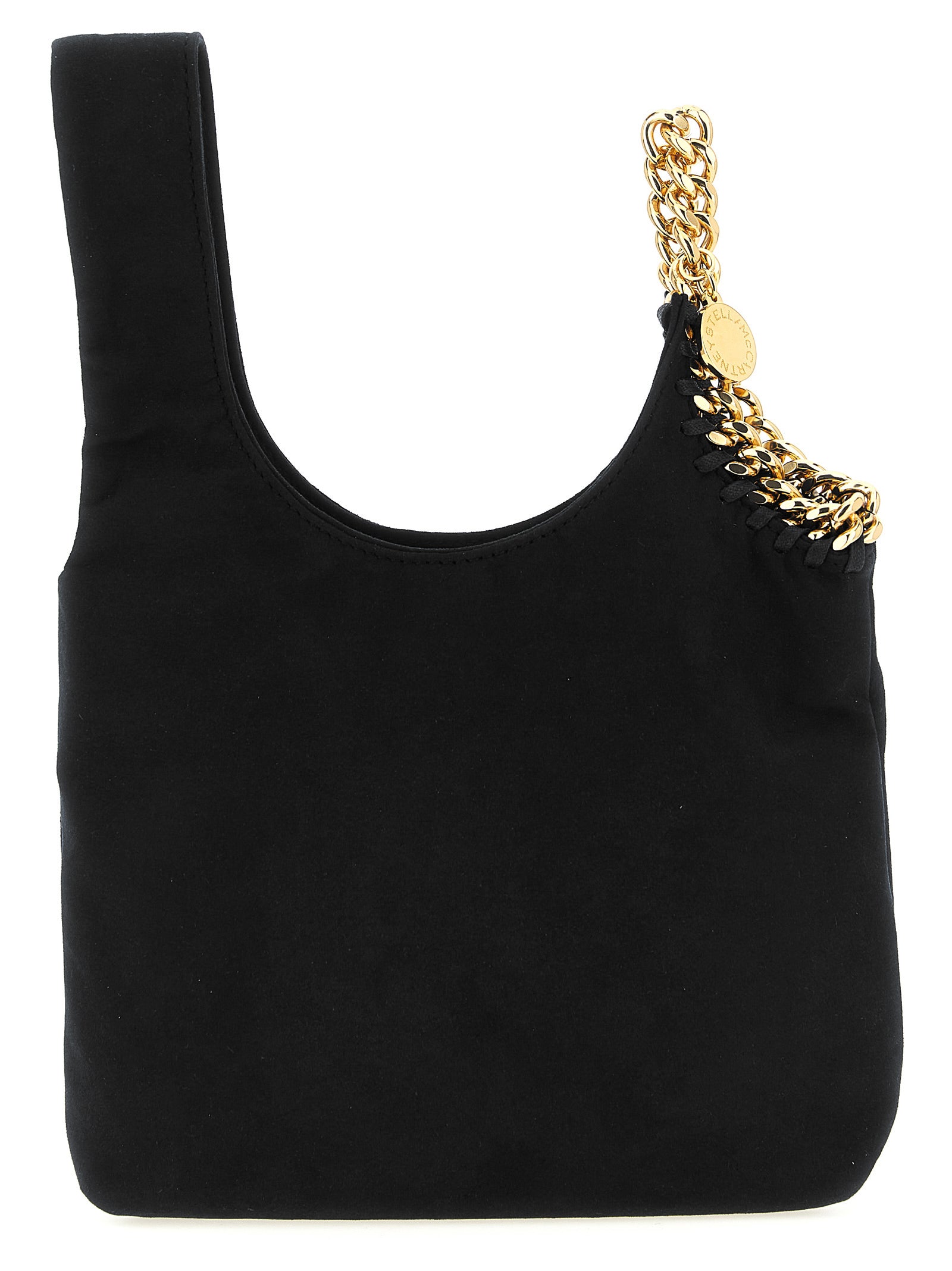Evening Tote Handbag by Stella McCartney for women in polyamide suede leather black & gold features a contemporary silhouette, showcasing a secure , ample , and contemporary wristlet for a sophisticated look.