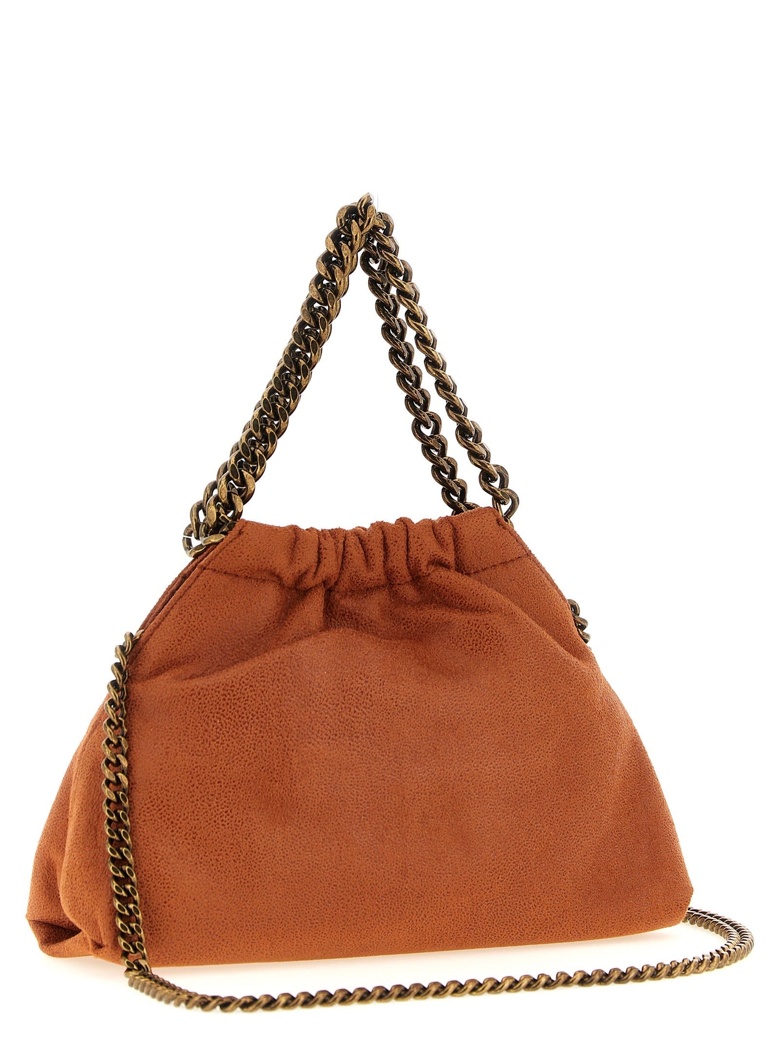 Mini Drawstring Shoulder Bag by Stella McCartney for women in polyester suede leather gold, orange, patterned & jacquard showcases a enviable silhouette, artfully detailed with a secure drawstring & magnetic, organized , and versatile shoulder-strap & handle for a enviable look.