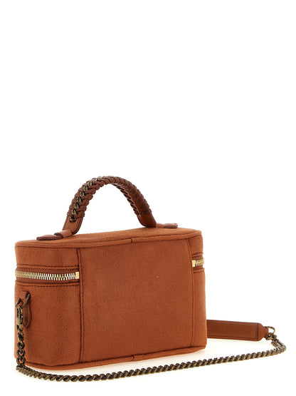 Small Crossbody Travel Tote Handbag by Stella McCartney for women in polyester suede leather gold & orange features a transformative sophistication silhouette, showcasing a secure zipper, ample , and versatile crossbody-strap, shoulder-strap & handle for a transformative sophistication look.