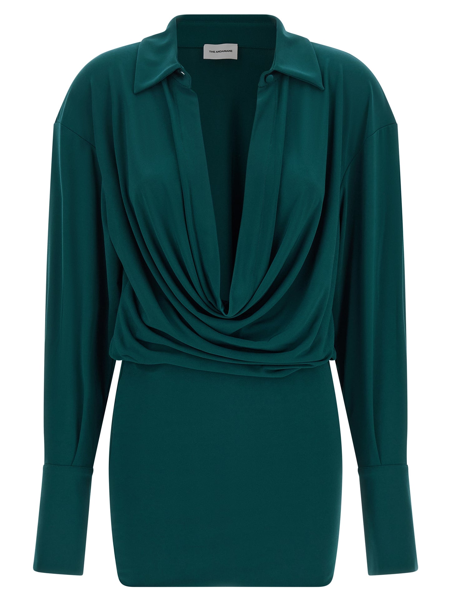 Dress by The Andamane for women in polyester bicolour & green features a dramatic silhouette, showcasing an elegant v-neck plunging shirt-collar neckline and long-sleeve that flows into a dramatic short mini.