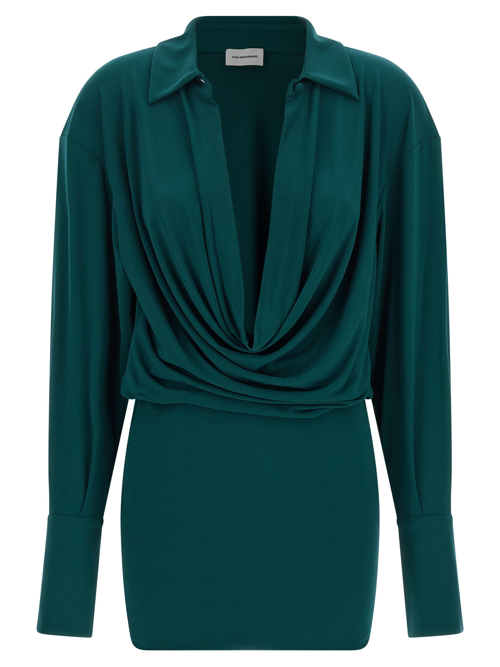 Dress by The Andamane for women in polyester bicolour & green features a dramatic silhouette, showcasing an elegant v-neck plunging shirt-collar neckline and long-sleeve that flows into a dramatic short mini.