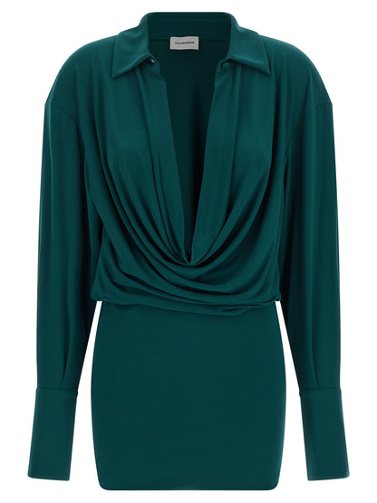 Dress by The Andamane for women in polyester bicolour & green features a dramatic silhouette, showcasing an elegant v-neck plunging shirt-collar neckline and long-sleeve that flows into a dramatic short mini.