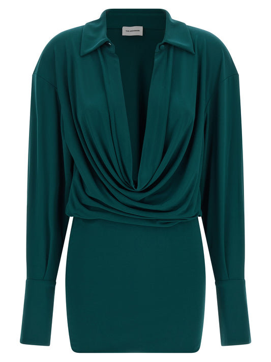 Dress by The Andamane for women in polyester bicolour & green features a dramatic silhouette, showcasing an elegant v-neck plunging shirt-collar neckline and long-sleeve that flows into a dramatic short mini.