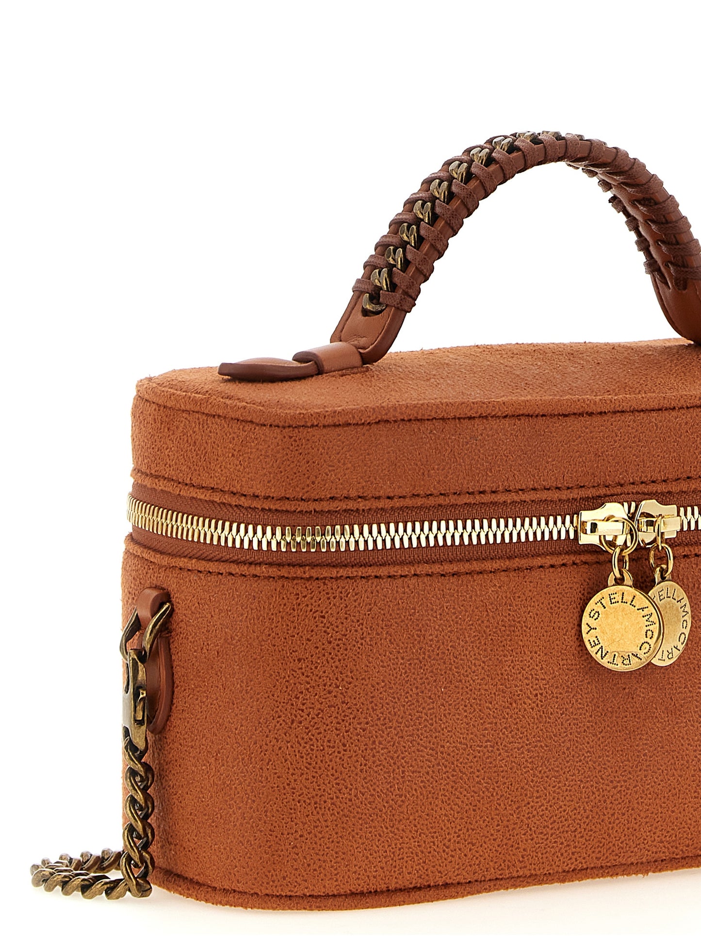 Small Crossbody Travel Tote Handbag by Stella McCartney for women in polyester suede leather gold & orange features a transformative elegance silhouette, showcasing a secure zipper, organized , and versatile crossbody-strap, shoulder-strap & handle for a transformative elegance look.
