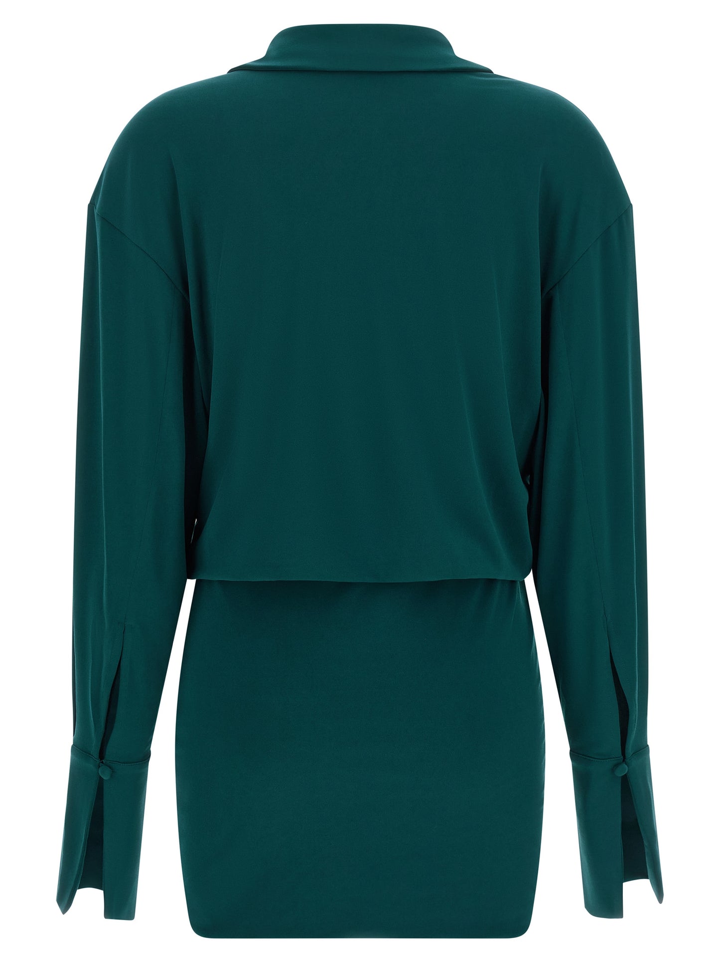 Dress by The Andamane for women in polyester bicolour & green features an sultry silhouette defined by a v-neck plunging shirt-collar neckline and , falling to an sultry short mini for a sultry look.