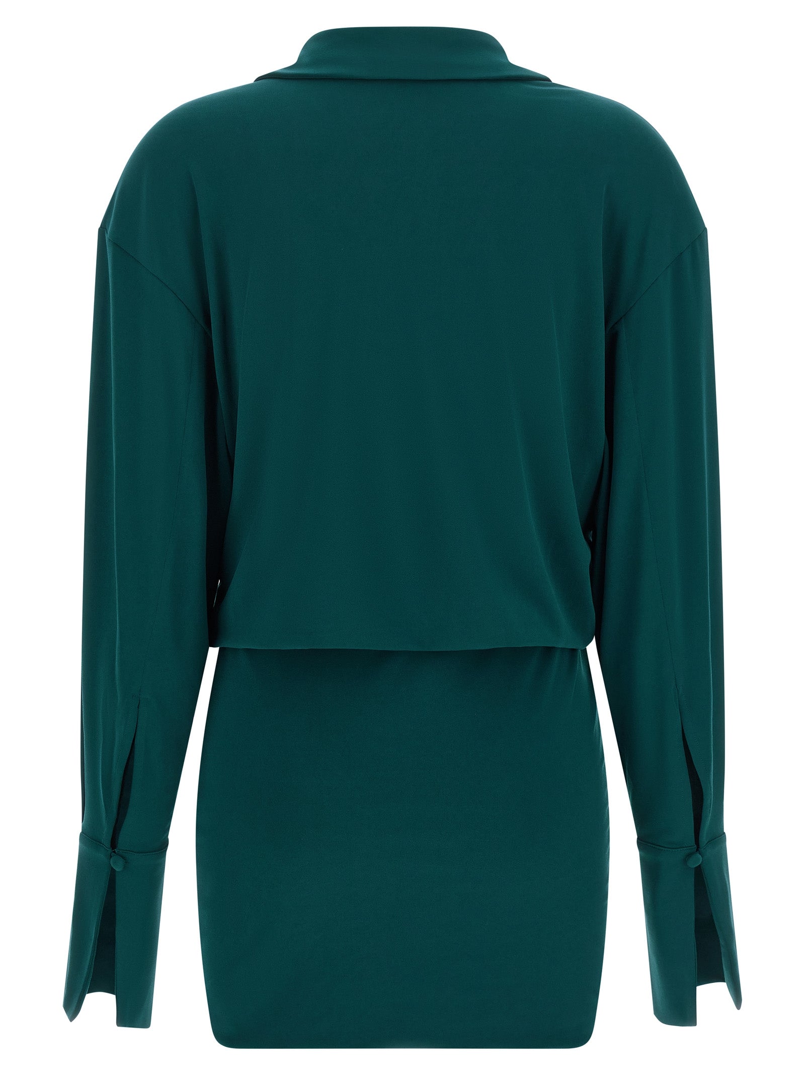 Dress by The Andamane for women in polyester bicolour & green features an sultry silhouette defined by a v-neck plunging shirt-collar neckline and , falling to an sultry short mini for a sultry look.
