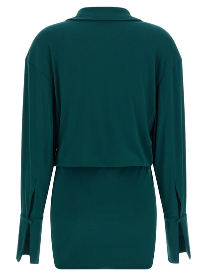 Dress by The Andamane for women in polyester bicolour & green features an sultry silhouette defined by a v-neck plunging shirt-collar neckline and , falling to an sultry short mini for a sultry look.