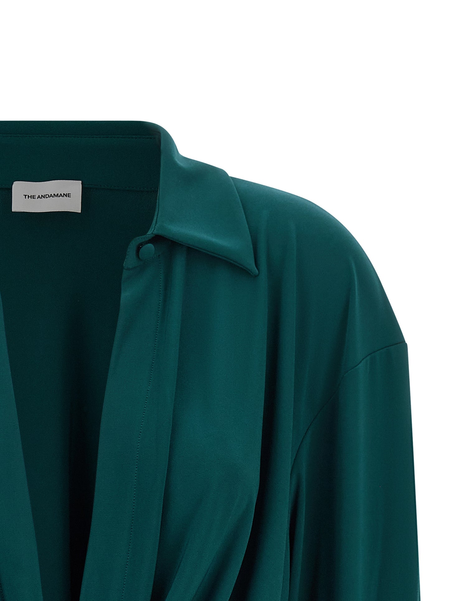 Dress by The Andamane for women in polyester bicolour & green features an cute silhouette, detailed with a and v-neck plunging shirt-collar neckline that elegantly flows into a cute short mini.