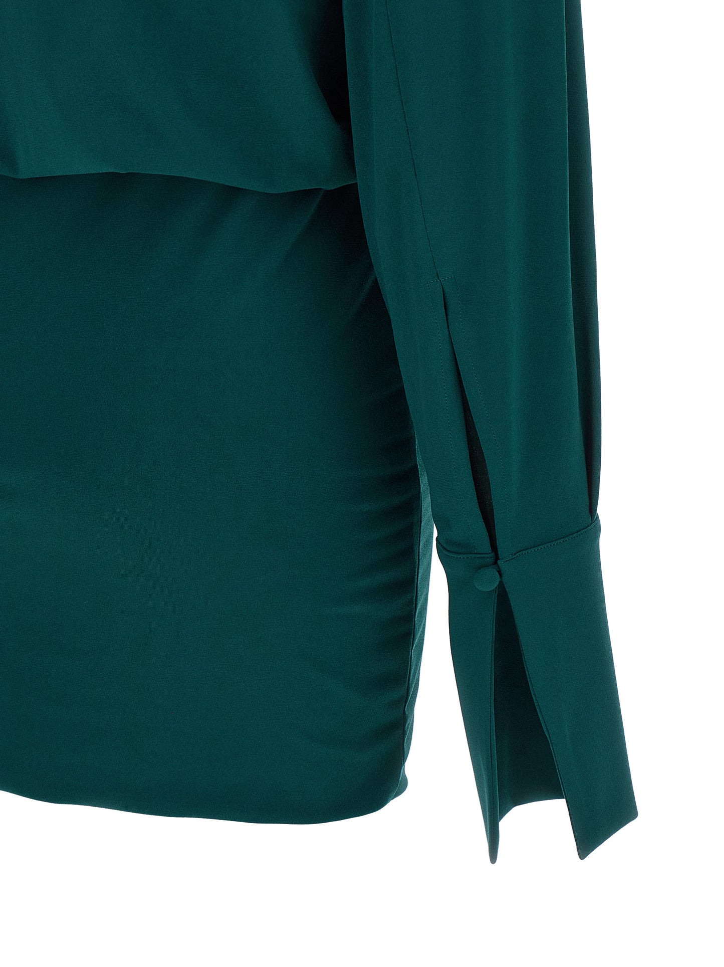 Dress by The Andamane for women in polyester bicolour & green showcases a striking silhouette, elegantly detailed with a , refined v-neck plunging shirt-collar neckline, and a striking short mini for a striking finish.
