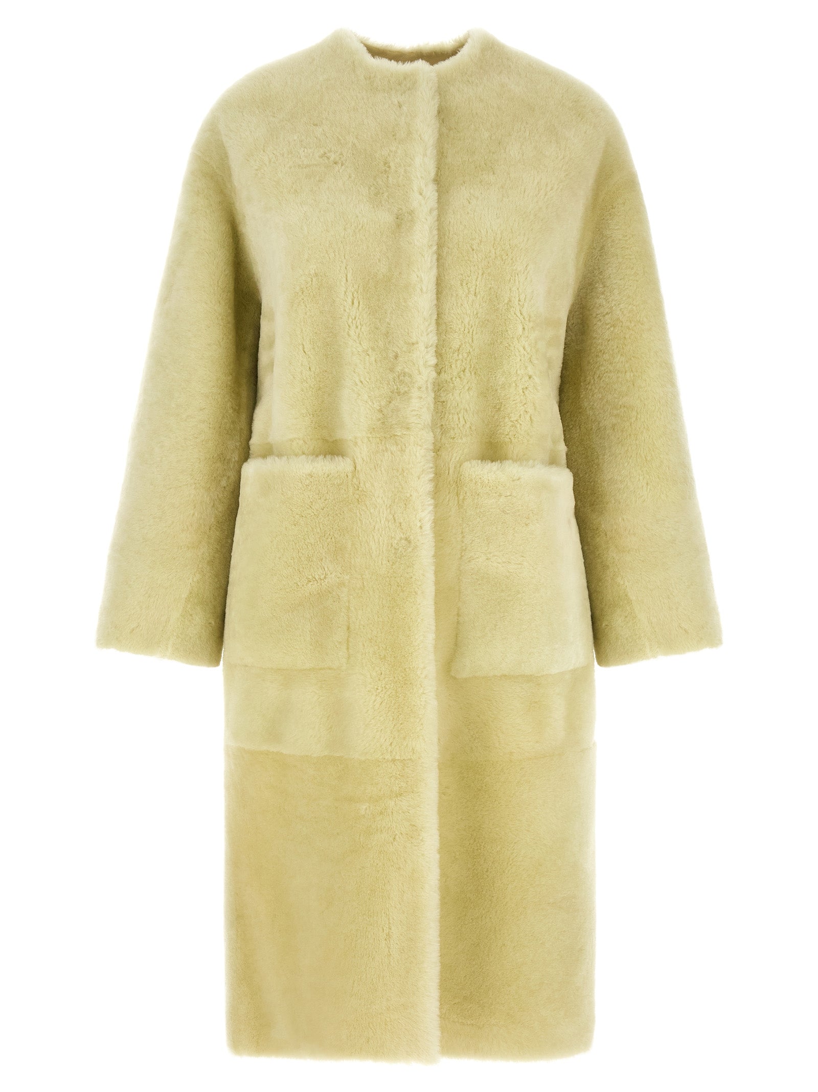 Overcoat by BLANCHA for women in lamb shearling bicolour & green features an voluminous silhouette, showcasing distinct thermal & pockets and a voluminous round neckline for a truly voluminous aesthetic.