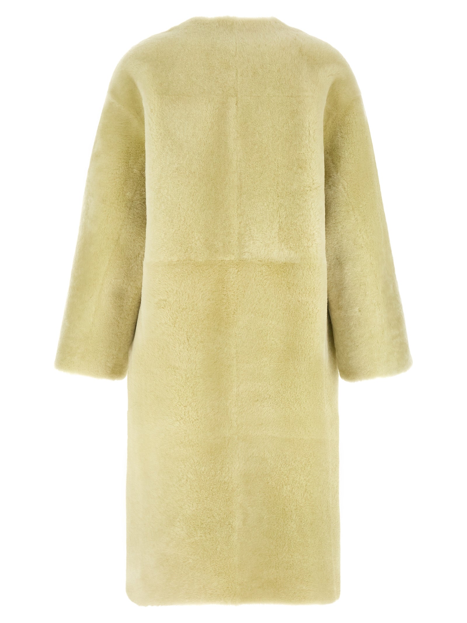 Overcoat by BLANCHA for women in lamb shearling bicolour & green features a contemporary silhouette showcasing a contemporary round neckline and refined thermal & pockets for a sophisticated finish.