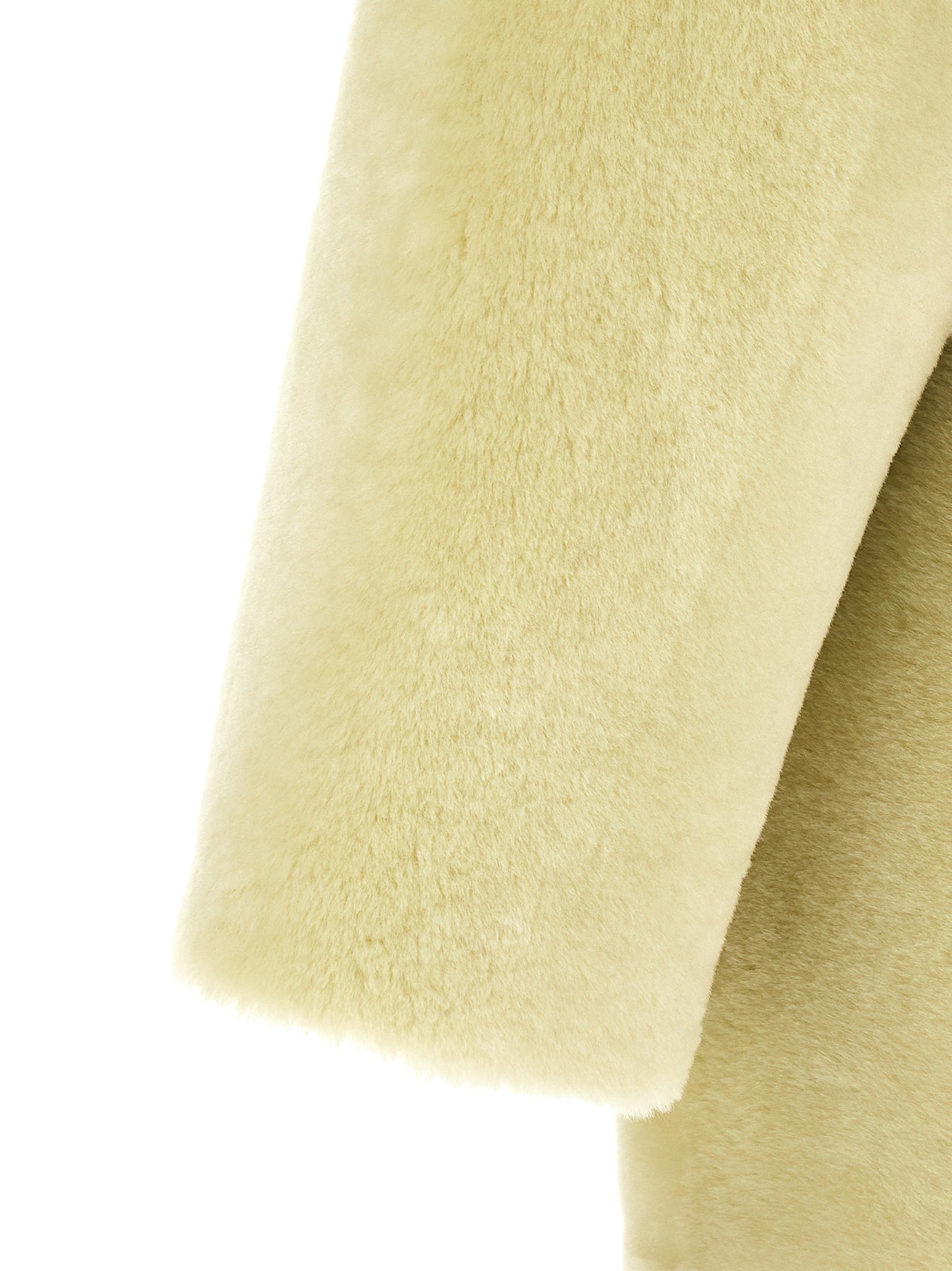 Overcoat by BLANCHA for women in lamb shearling bicolour & green features an satoral silhouette, showcasing a sophisticated and satoral thermal & pockets for a premium, timeless look.