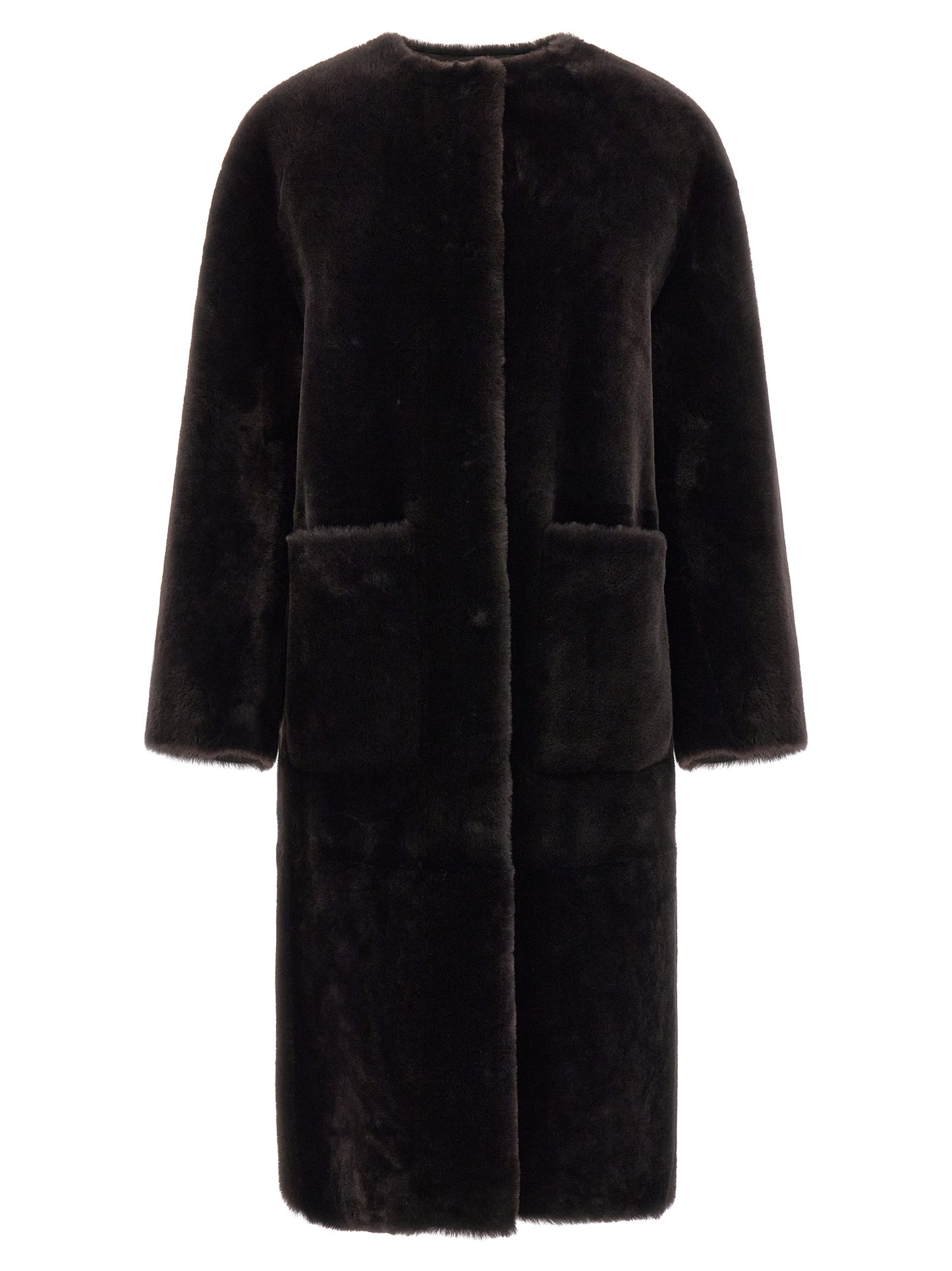 Overcoat by BLANCHA for women in lamb shearling brown features a contemporary silhouette showcasing a contemporary round neckline and refined pockets for a sophisticated finish.