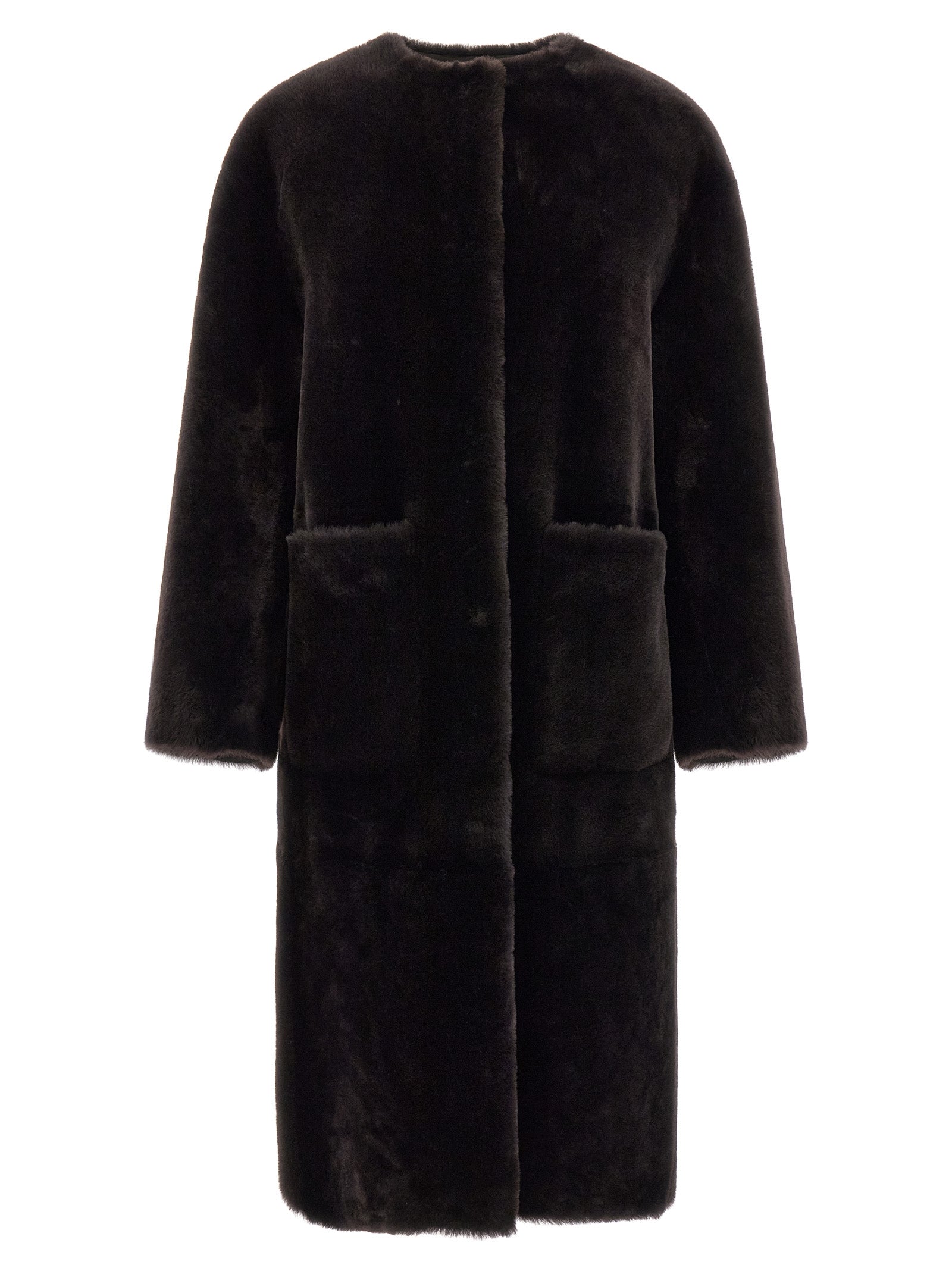 Overcoat by BLANCHA for women in lamb shearling brown features a contemporary silhouette showcasing a contemporary round neckline and refined pockets for a sophisticated finish.