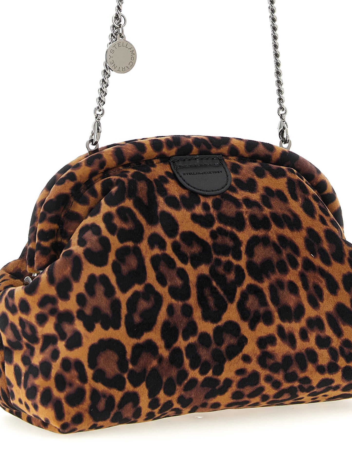 Clutch Handbag by Stella McCartney for women in polyester velvet black, multicolor, silver, leopard-print & print showcases a sculptural silhouette, featuring a secure , ample , and versatile shoulder-strap for a sculptural finish.