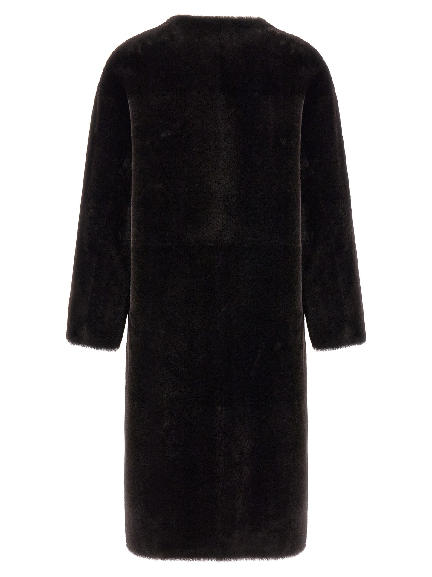 Overcoat by BLANCHA for women in lamb shearling brown features a cosy chic silhouette, artfully detailed with a sophisticated round neckline and premium pockets for a cosy chic finish.