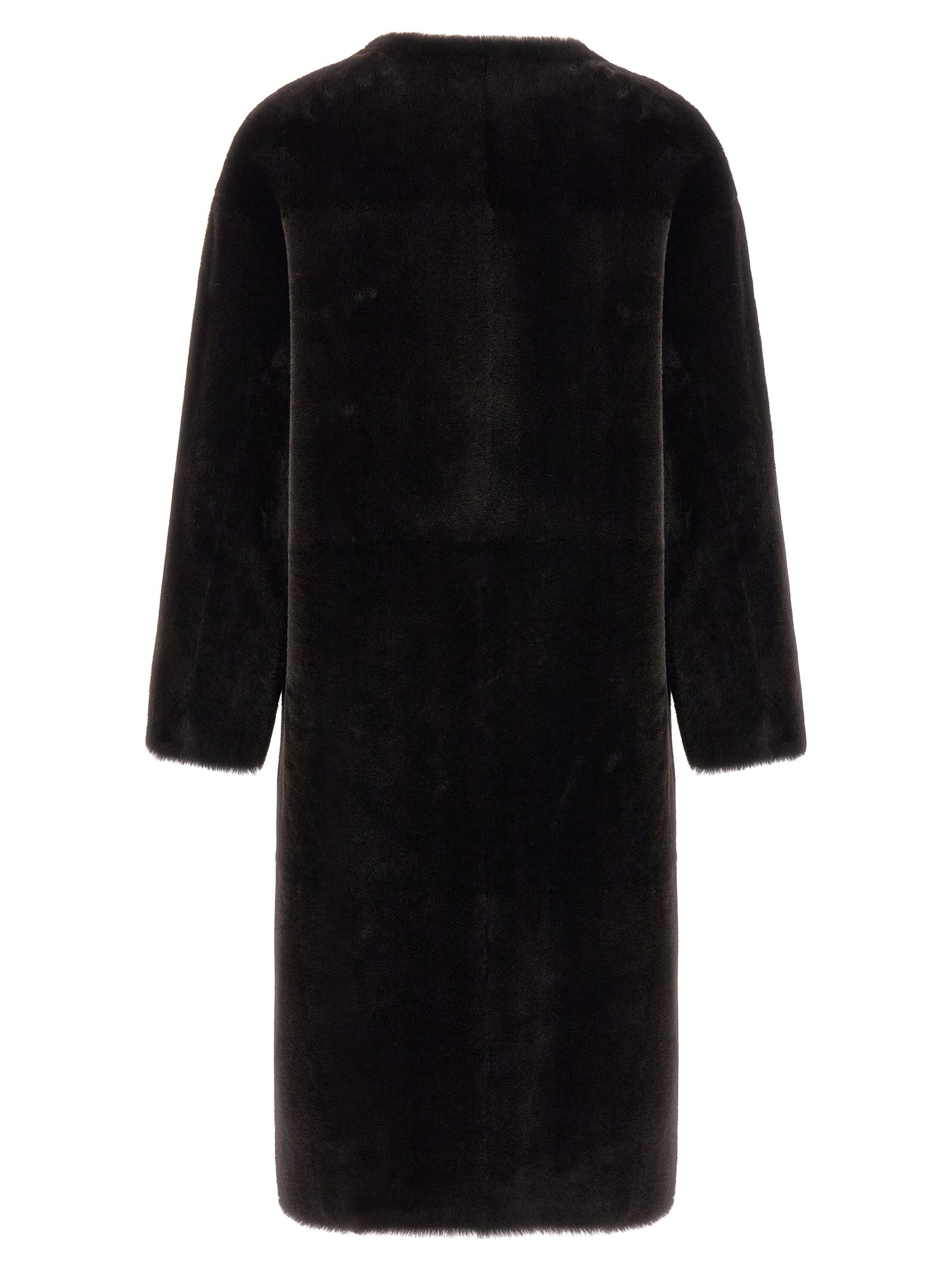 Overcoat by BLANCHA for women in lamb shearling brown features a cosy chic silhouette, artfully detailed with a sophisticated round neckline and premium pockets for a cosy chic finish.