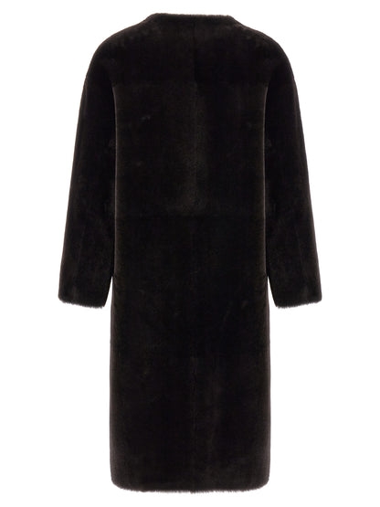 Overcoat by BLANCHA for women in lamb shearling brown features a cosy chic silhouette, artfully detailed with a sophisticated round neckline and premium pockets for a cosy chic finish.