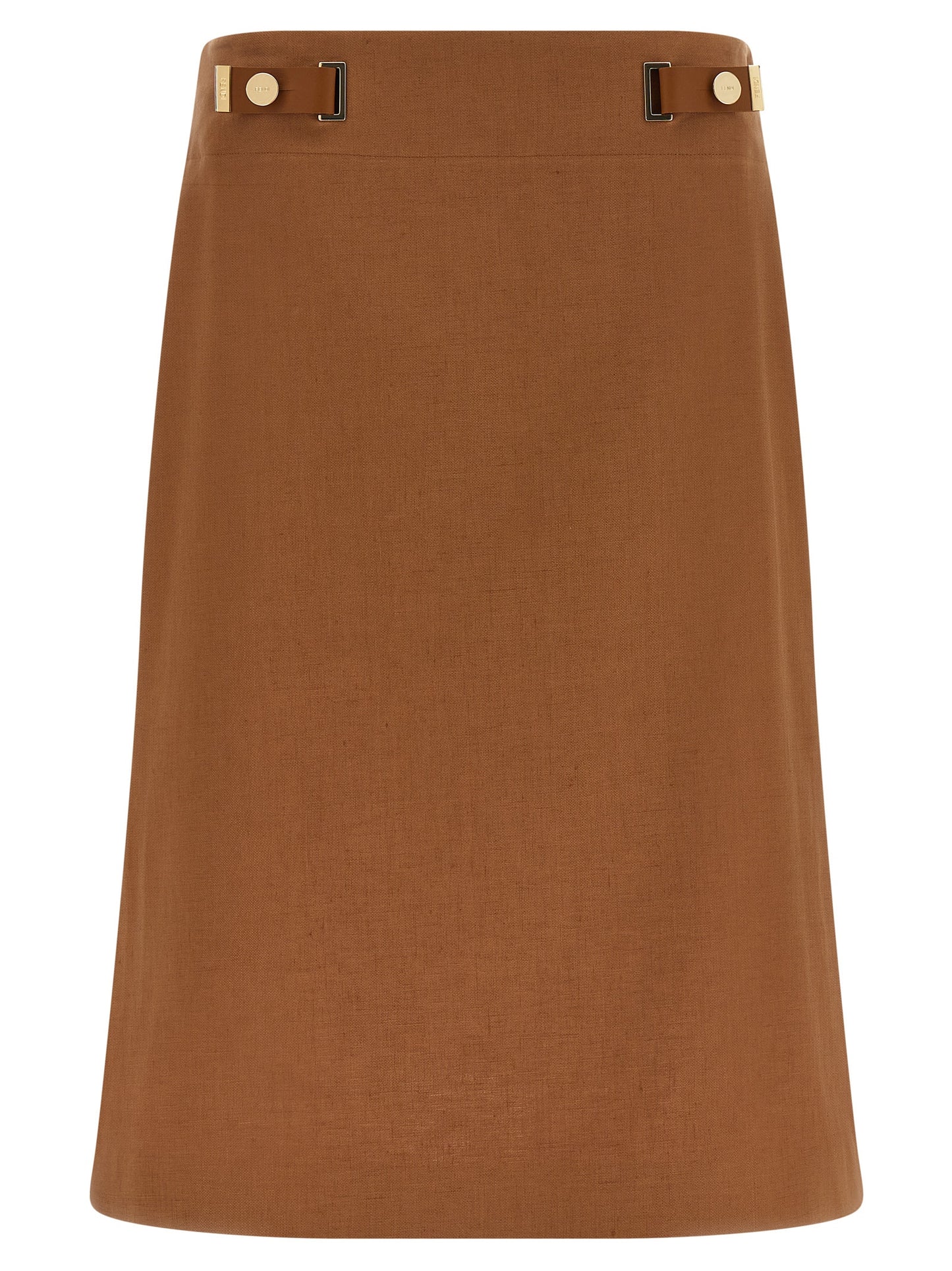 Skirt by Fendi for women in linen cotton & leather brown & gold features a captivating silhouette, showcasing the captivating Women's Flared High Rise Linen Cotton & Leather Skirt design with a sophisticated midi for a captivating look.