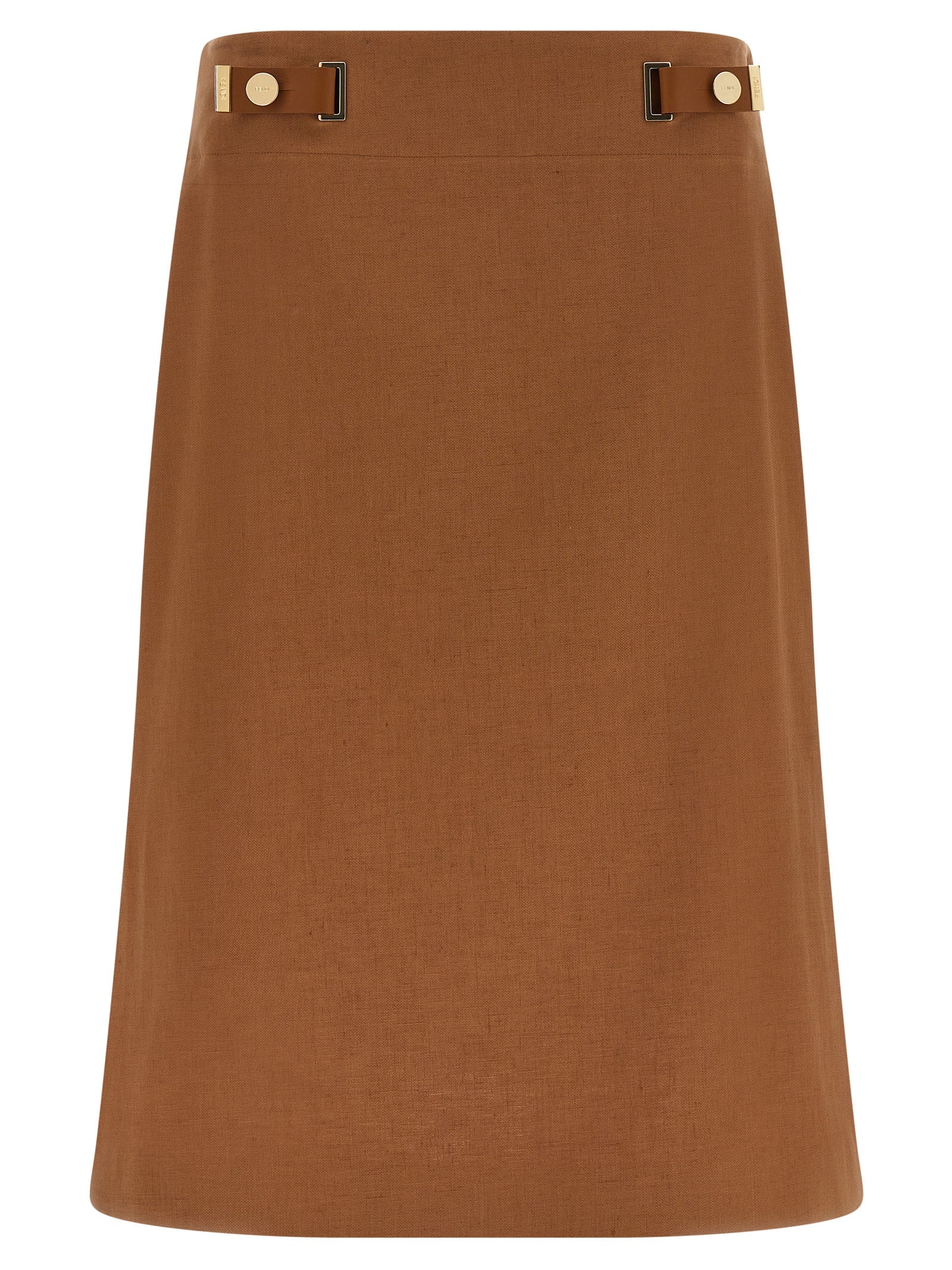 Skirt by Fendi for women in linen cotton & leather brown & gold features a captivating silhouette, showcasing the captivating Women's Flared High Rise Linen Cotton & Leather Skirt design with a sophisticated midi for a captivating look.