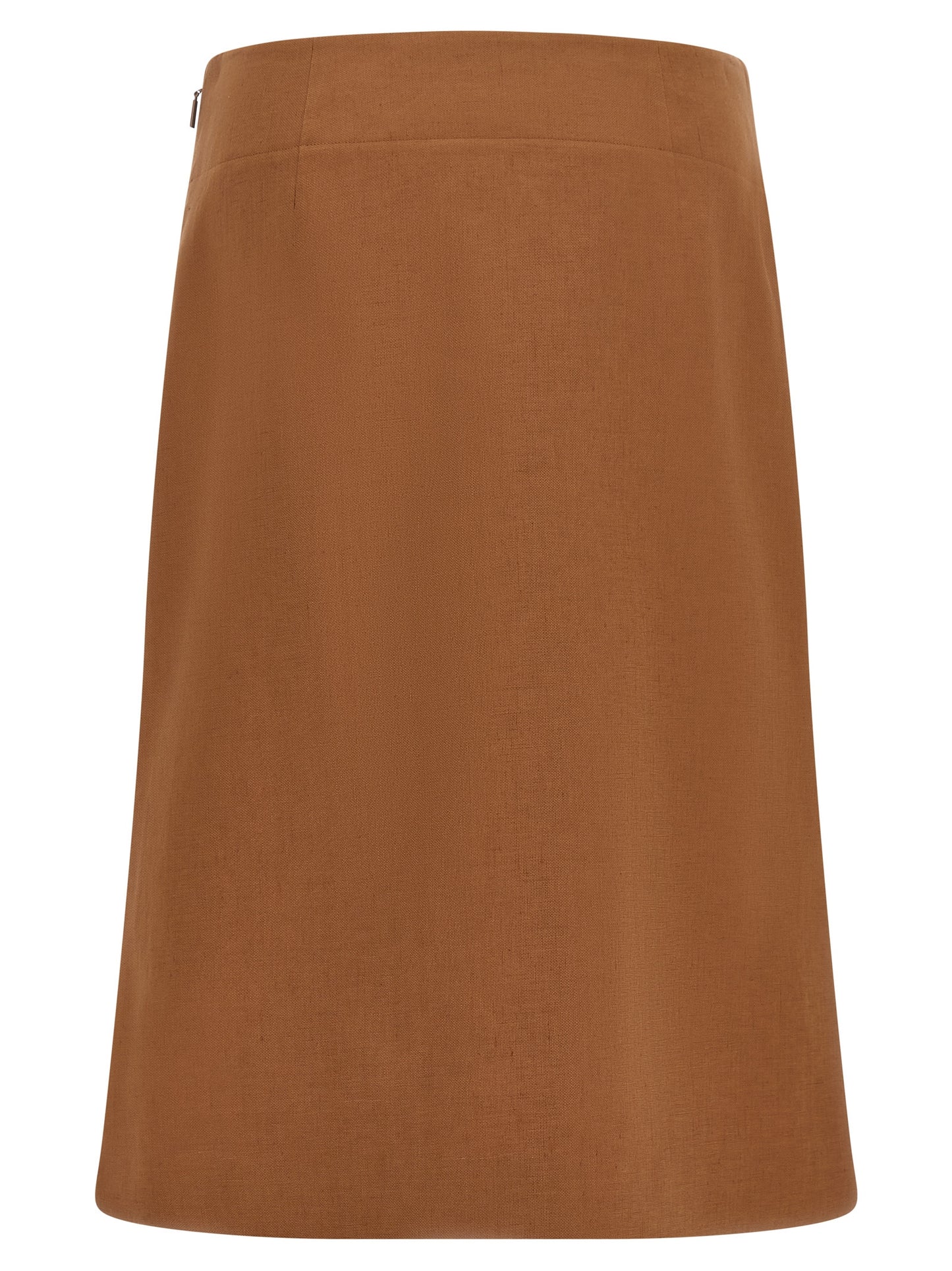 Skirt by Fendi for women in linen cotton & leather brown & gold showcases a sultry silhouette, elegantly defined by its midi and the sophisticated sultry design of the Women's Flared High Rise Linen Cotton & Leather Skirt.